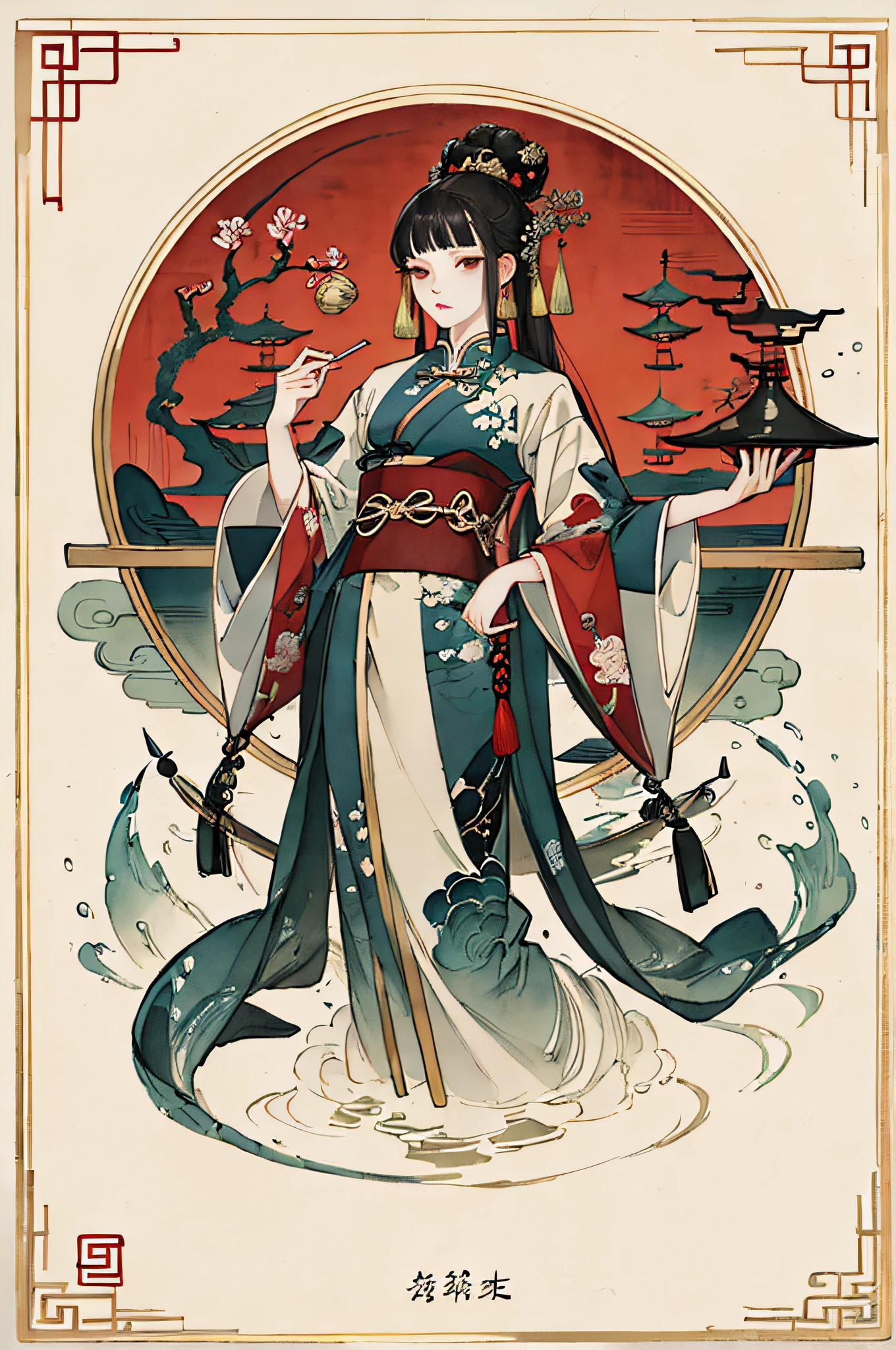 (best quality), oriental detailed background, girl in bionic weapon, chinoiserie texture, elegant, painted, ((chinese color ink)), (chinese color ink painting style))), (((masterpiece))), (bestquality))), ((super detailed, very precise detail)), (1girl, solo, moon zhengling, delicate beauty))), (gone with the water), (illustration), (stunning), (absurd), ((sharp)), ((sharp)), (( Very fine)), ((high saturation)), (surrounded by splashes of colored ink), ((extremely detailed body)), ((colorful))