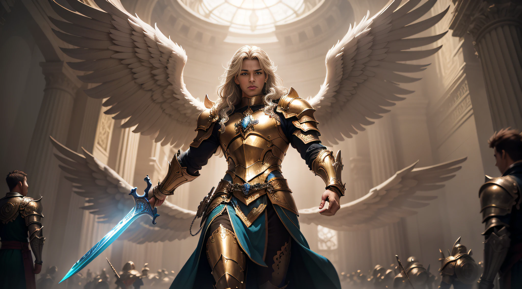 a painting of a male angel, St. Michael the angel, Archangel Michael, precise biblical angel, archangel, holy paladin, sacred armor, sacred sword in his hands, angelic golden armor, biblically cornered angel, angel in plastic armor, fantasy paladin, by Anne Stokes, majestic full-body angel, fantasy, magician, intricate details, dramatic angle, dramatic lighting, depth of field. Best quality, masterpiece, ultra high resolution, (anime realism, photorealistic: 1.4), perfect composition, centered, symmetry