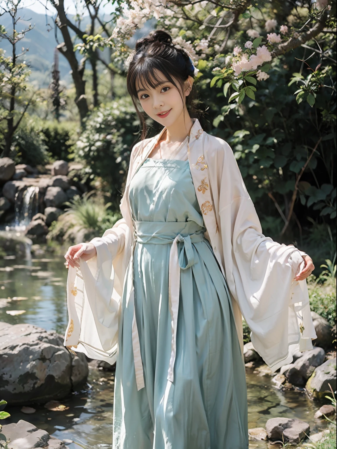 (4k, best quality), (realistic, photo-realistic), 1girl, perfect touch, cute, dating, long hair, black hair, (beautiful and detailed eyes), looking at viewer, smiling, perfect skin, slim, standing Water, (small breasts), slender waist, (slender legs), soaking feet, (Hanfu, Hanfu, full body: 1.26), upskirt, sunny day, river, clear water, (waterfall), cherry blossoms, mountains, blue sky,