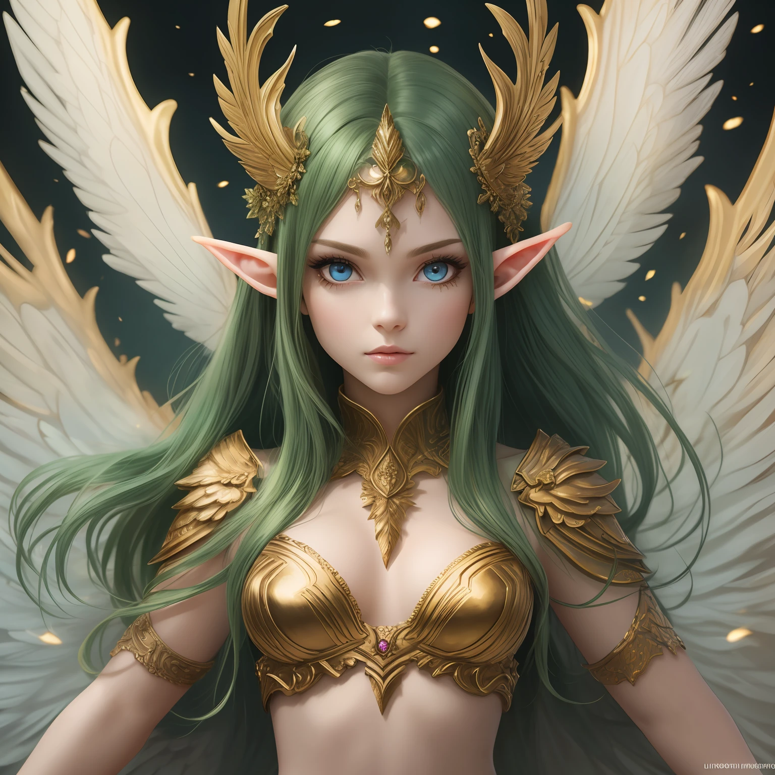 Bust portrait, forest elf, (best quality, 8K, masterpiece: 1.3), petite body, (beautiful and detailed eyes), (super detail), (desktop wallpaper), beautiful face, (detailed face), clear facial features, ray luminescence, optical, panoramic illumination, atmospheric perspective, dawn, anti-aliasing: 5D, light painting, color, perfect body beauty: 1.4 huge wings, symmetrical transparent wings, Stunning details, (dynamic pose), battle form, slightly bowed to give, Tiny elves fly in the air