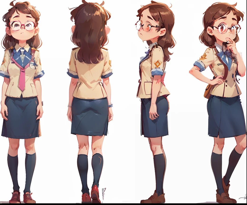Close-up of cartoon characters in uniform, without hats, female scientist cute long-haired girl with glasses, three views, front view, side view, back view, high quality character design, animated characters, full body characters, full body character design, character standing walking, professional character design, game character design, full body single character, 2D illustration, 2D illustration, cute character, heroine 👀: 8, pink uniform