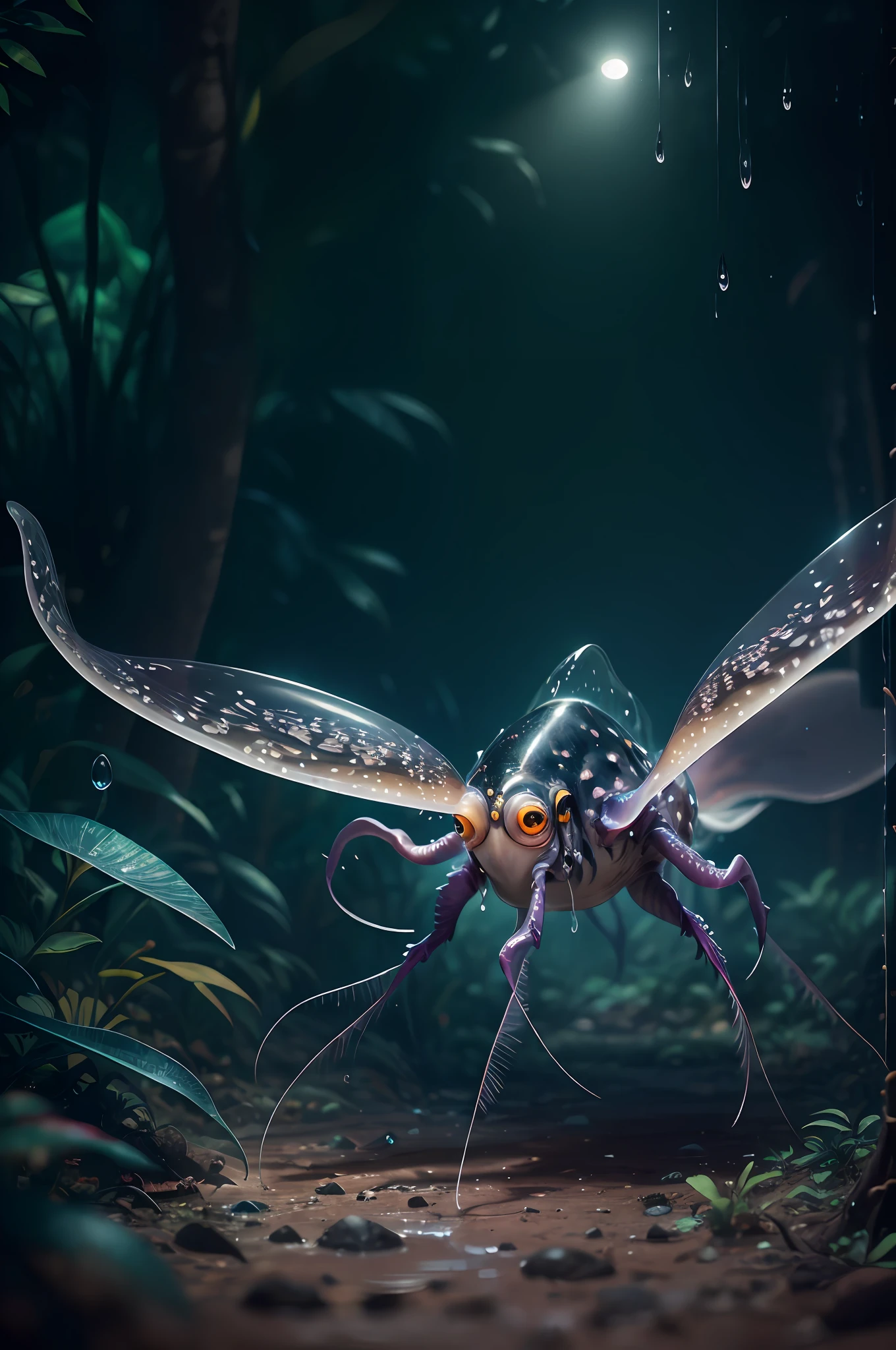 Big like six legs creature whith transparent and lighting body, walking on all six legs, (((cuttlefish head))), ((four eyes)), six leghs, in the jungle, jungle, rain forest, high image quality, realistic look, high-resolution photography, 8K, full-frame matrix, deep shadows, ((one character)), (intricate details, subsurface scattering, hyperdetailed:1.15), (hyperrealism, volumetric lighting, sharp:1.5) Fujifilm XT3