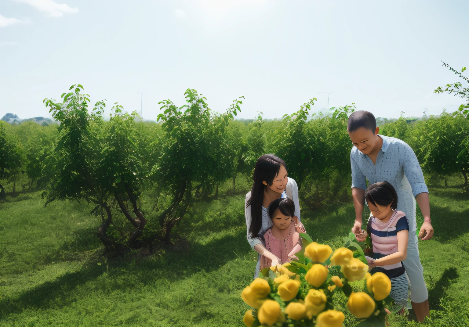 Family of four, peach farm, sunshine, blue sky and white clouds, floral fragrance, warm as jade, birds singing and flowers, wide farm, leisurely, real photography, 16k resolution