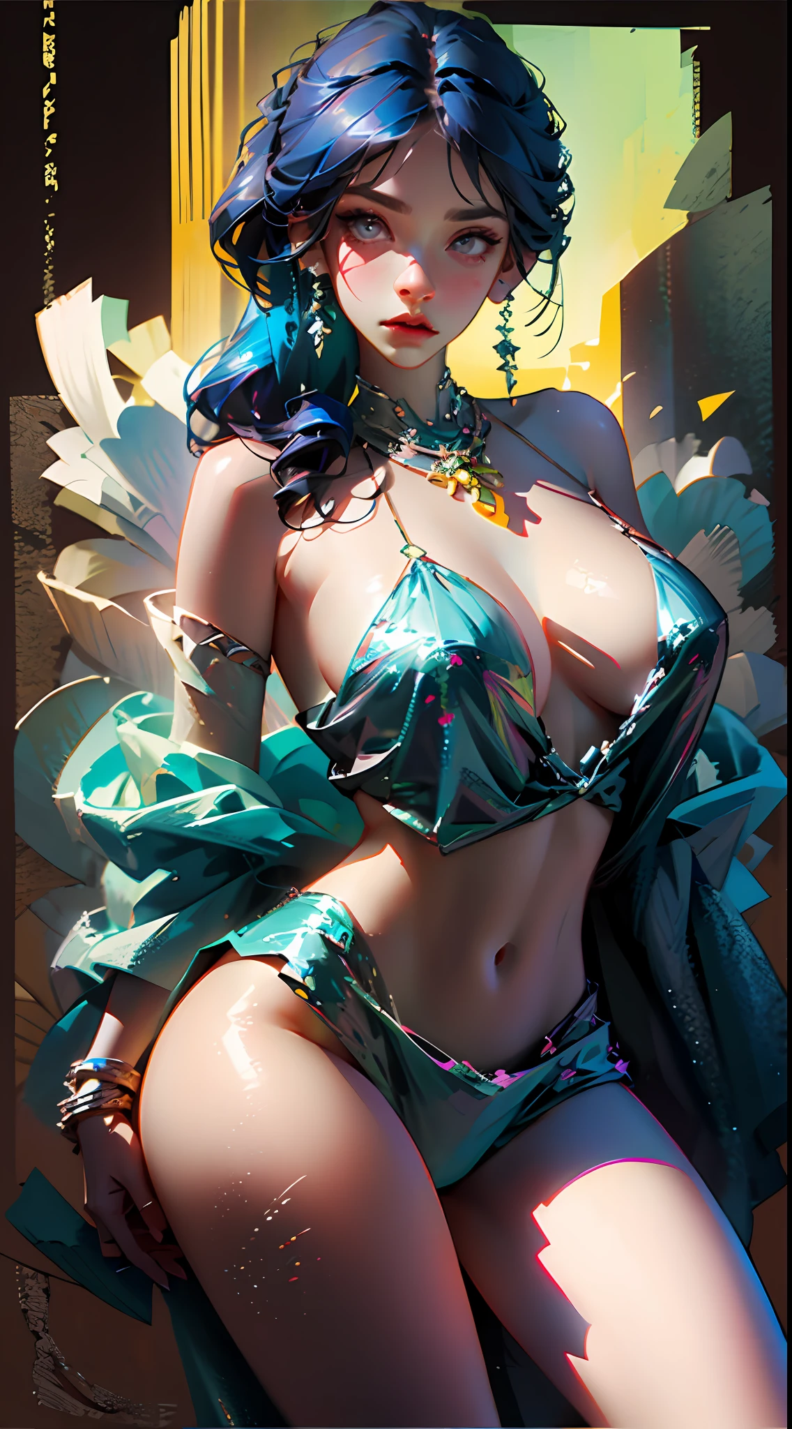 Valkyrie, detailed white lace, 3D, shameful bikini armor, full body!! Minimalist details, shiny bikini armor, blue skin body painting pose for photo, high heels, rendered with SFM, Guillem H. Pongiluppi, high quality digital concept art by Bayard Wu, concept art wallpaper 8K, 8K HD wallpaper digital art, (Dynamic Angle: 1.4), PerfectNwsjMajic, (Obra-prima, Top Quality, Best Quality, Official Art, Beauty and Aesthetics: 1.2), Extreme Detail, Colorful, Supreme Detail, Obra-prima, Best Quality t, Reality, Asian Goddess, Soft Curved Shape, Movie Goddess Body Shot, Beautiful Goddess, Realistic Detail, Extremely Detailed Goddess Shot, Realistic, 1girl, Blue Hair, Blue Eyes, Glow Eyes, Cropped Top, Blush, Sunshine, Girl, Bangs, bare shoulders, huge breasts, hair between eyes, long hair, view viewer, parted lips, necklace, oily , solo, V-arms, (shiny skin), (masterpiece: 1.4), (best quality: 1.4), ,,, Facigirl, red lips, (: 1.5), (transparent areola), chubby, sweat, fleshy ass, plump figure