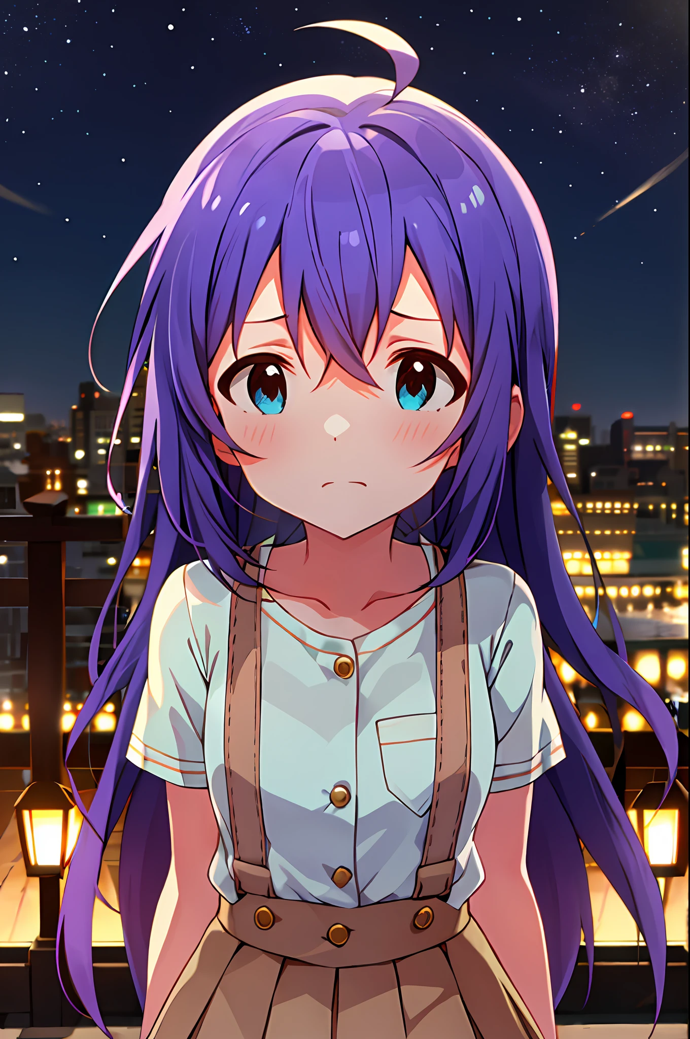 Anna Mochizuki (Million Live), (Top Quality, 8K, Masterpiece, Super Detail: 1.2), 1 Girl, Suspender Clothes.Skirt.Blushing, Clavicle, Bow, Ribbon, Blue Bow.Night.Night View.Outdoors.Chesty.Despair Face.