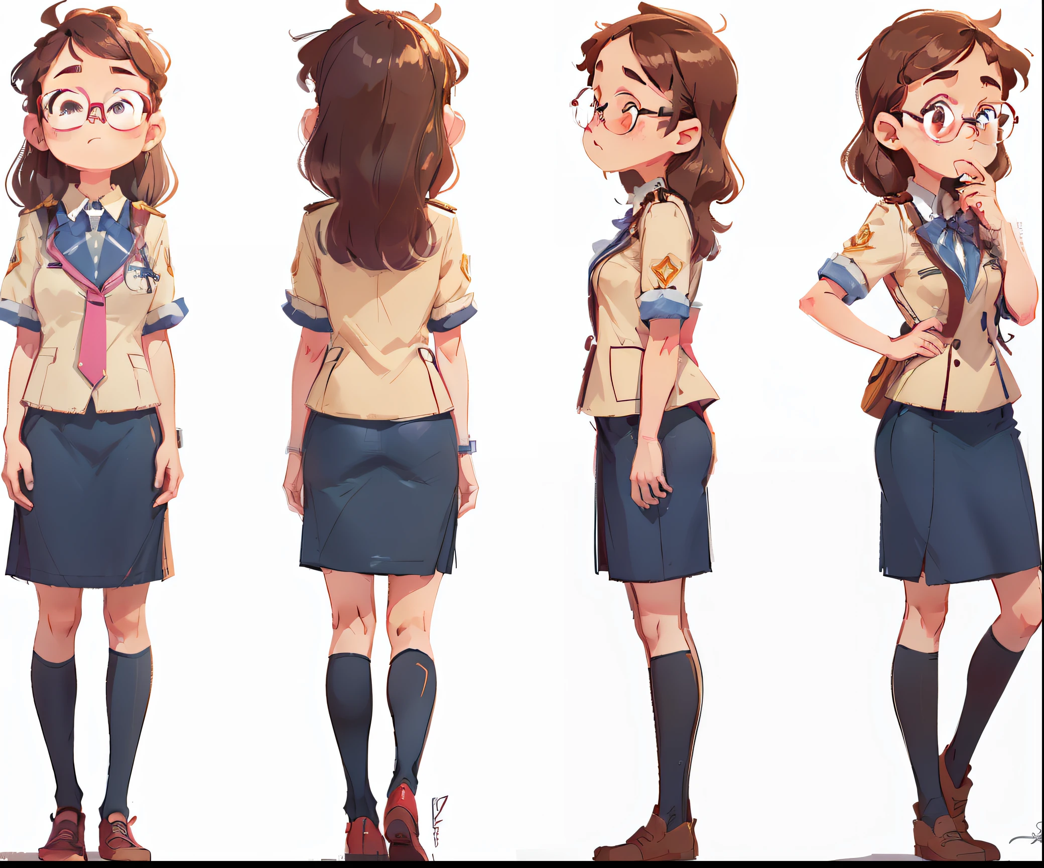 Close-up of cartoon characters in uniform, without hats, female scientist cute long-haired girl with glasses, three views, front view, side view, back view, high quality character design, animated characters, full body characters, full body character design, character standing walking, professional character design, game character design, full body single character, 2D illustration, 2D illustration, cute character, heroine 👀: 8, pink uniform
