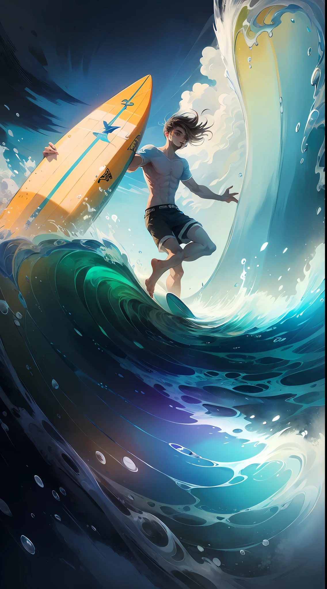 High resolution, super detailed, HDR), masterpiece, best quality, a boy playing surfboard in the sea, solo, handsome, short hair, black hair, fine eyes and detailed face, fair pale skin, bare, swimming trunks, surfing, giggling, clear sky and cloudy, full body view, from the side, from the back, looking at the audience --auto