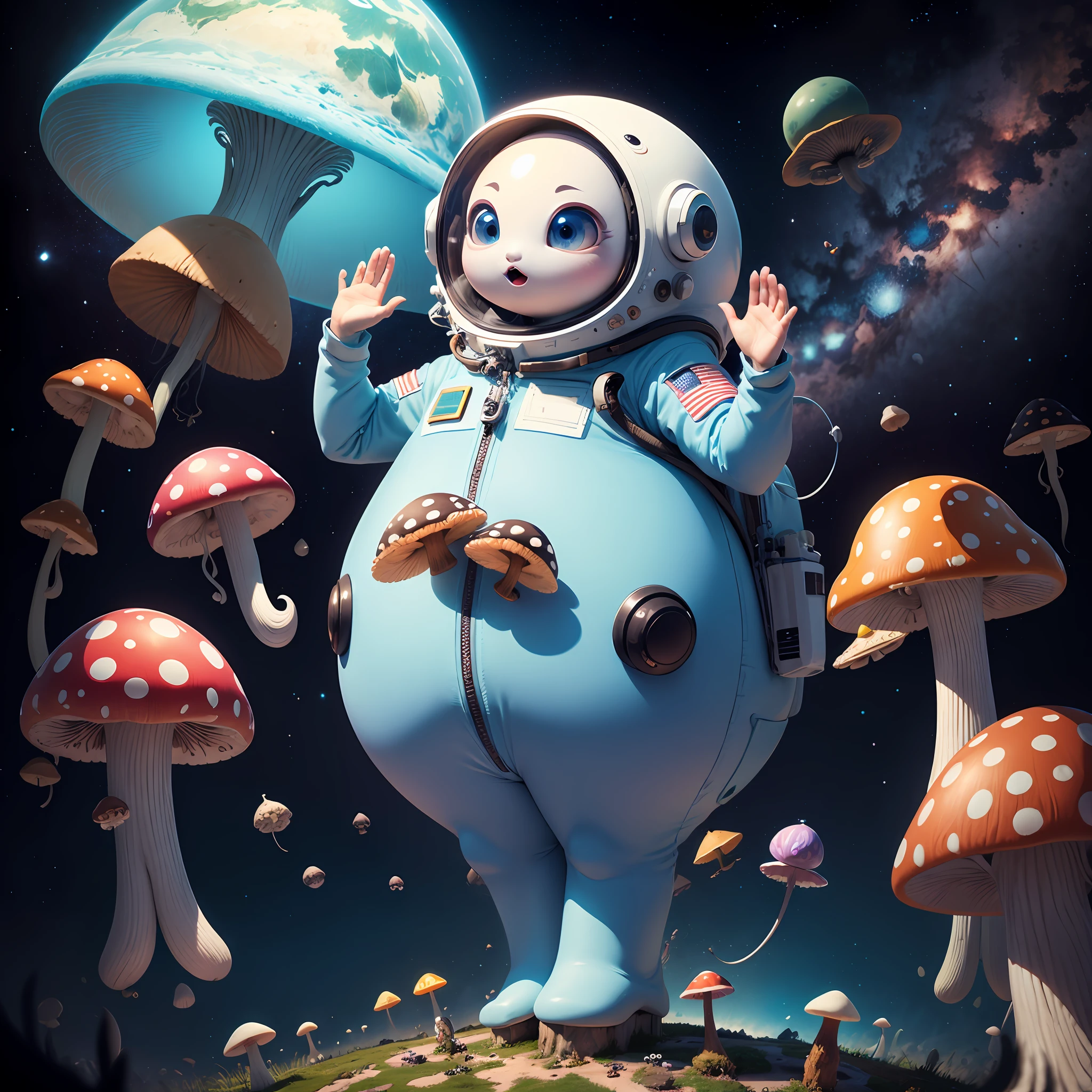 Extraterrestrial, blue with big, mouthless eyes, with space suit glued to their bodies, on a planet full of mushrooms --auto