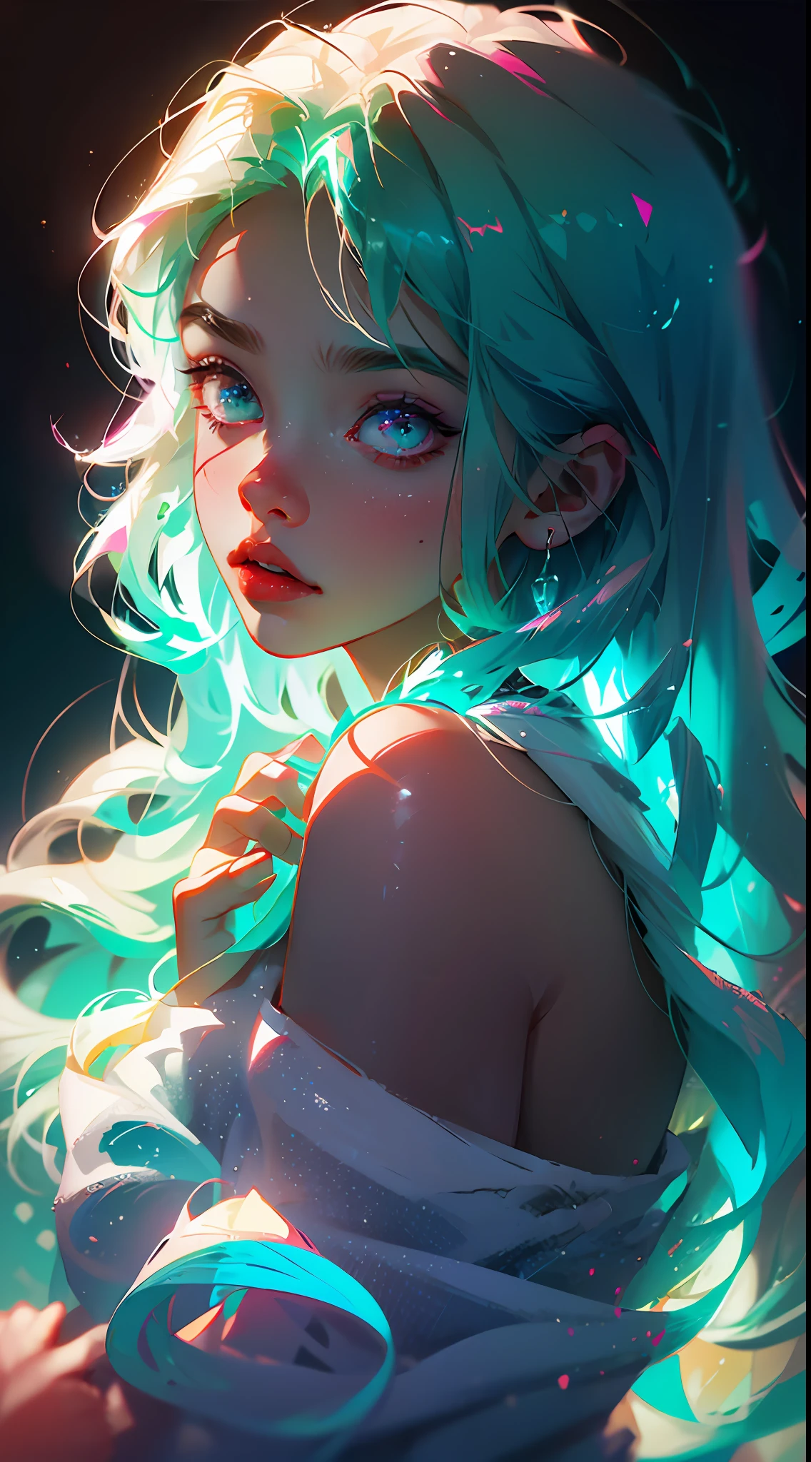 Heavy snow, girl in love, seven colors of the aurora, aura, highlights, neon glow, neon in the hair, neon wires, neon lips, beauty in the eyes, magical, magic, magic