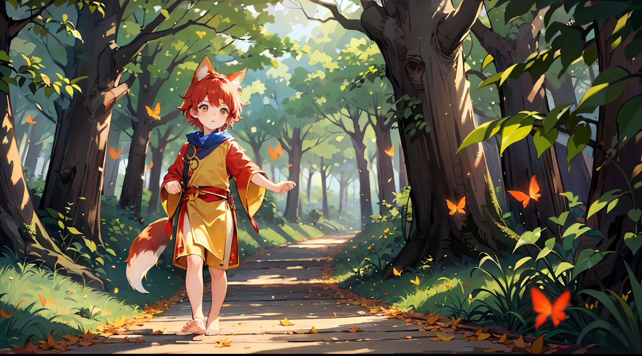 (Little boy with short red hair with golden eyes), (dressed in a golden and red fairy robe), (red fox ear tail), (handsome), (barefoot), (maple forest), (chasing butterflies)