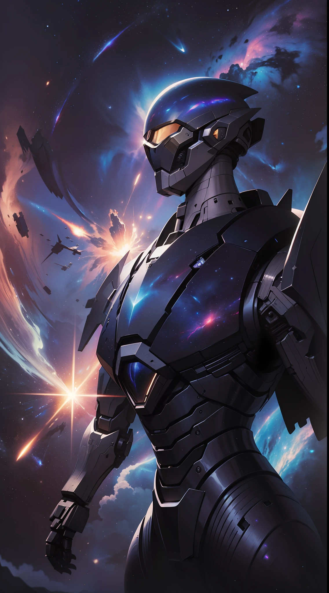 cinematic lighting,image fill,masterpiece,best quality,super detail,HD,textured skin,(mystical atmosphere),(intricate details),
(science fiction:1.2),(mecha:1.2),(detailed:1.5),(strong light source:1.2),(shadows),(techy style),(futuristic),(sharp edges),(silver and blue:1.2),(explosions),(dramatic),(epic:1.2),
(cosmic:1.2),(nebula:1.5),(ultra-detailed),(deep space),(shadows),(black:1.2),(star clusters),(galaxies),(majestic),(enchanting),(mysterious),(peaceful),(serene),(vast),