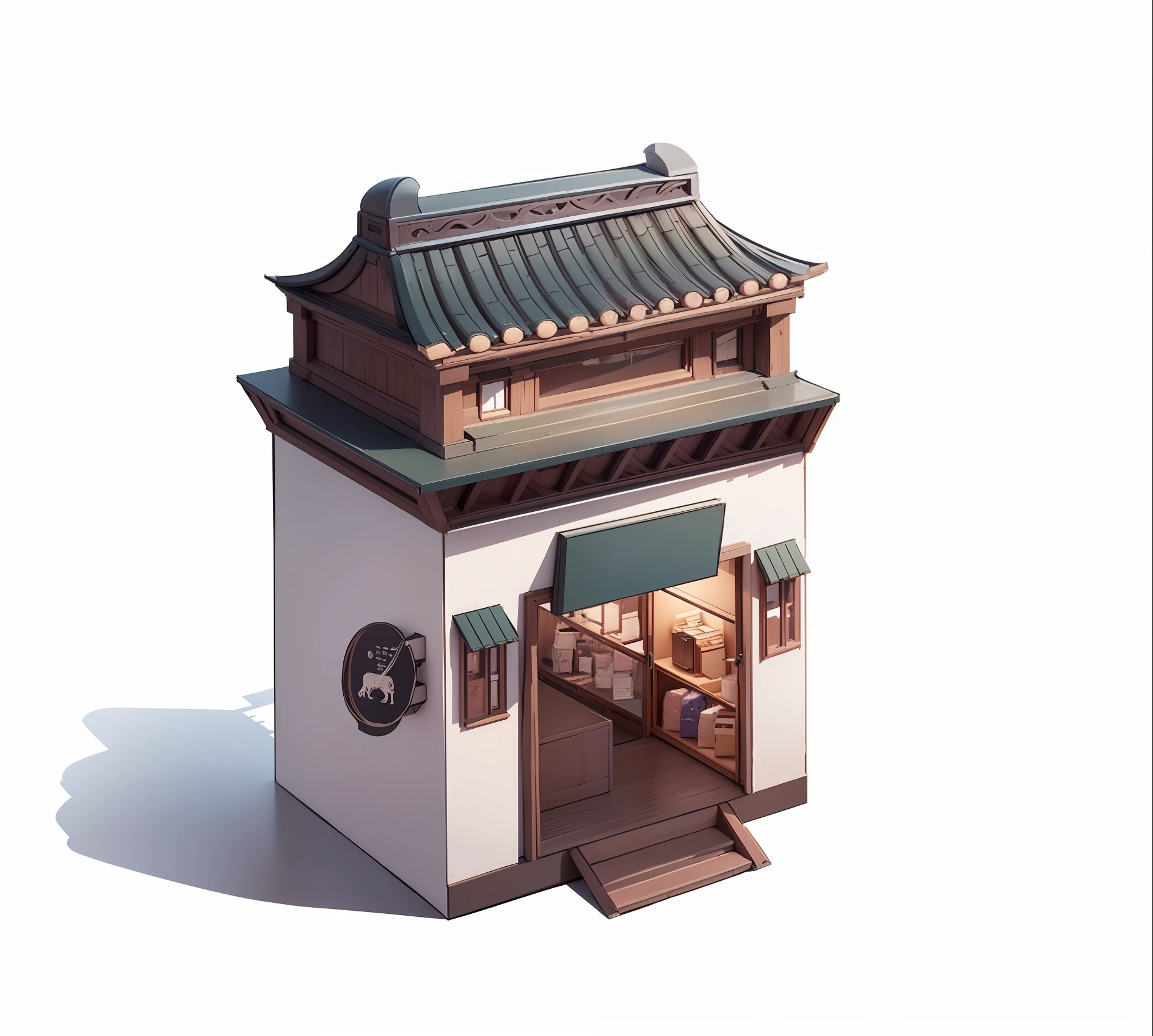 Illustration of a small building with doors and windows, concept art of Li Jae, gray purple roof, pixiv, Minyi, Chinese architecture, Ruina library concept art, small building, high detail store, extremely detailed architecture, convenience store, store, dusk, white background