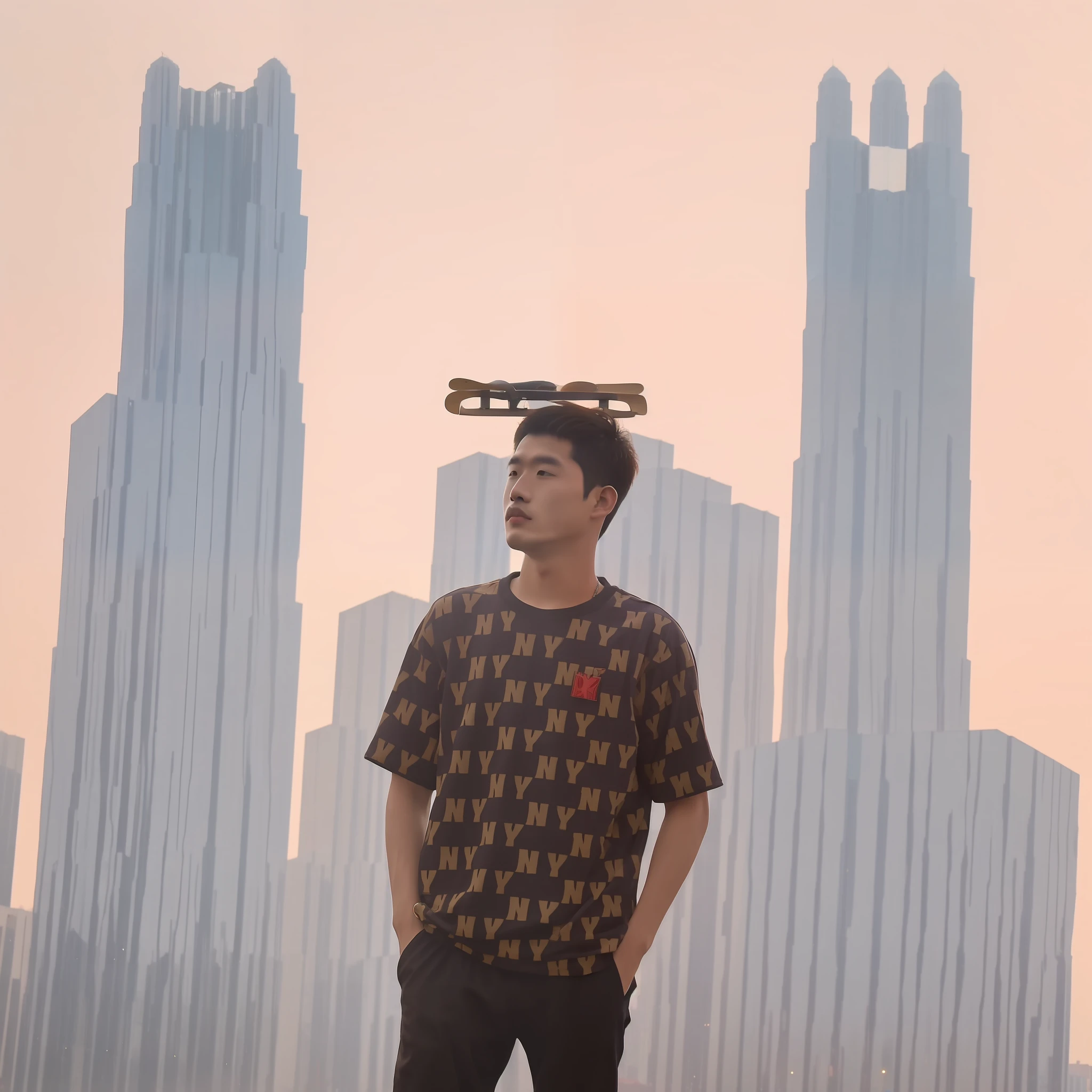 arafed man standing in front of a church with a skateboard, in style of lam manh, standing in a city center, he is about 20 years old | short, cai xukun, in majestic, dang my linh, in front of a temple, mohamed chahin style, profile picture 1024px, random artist