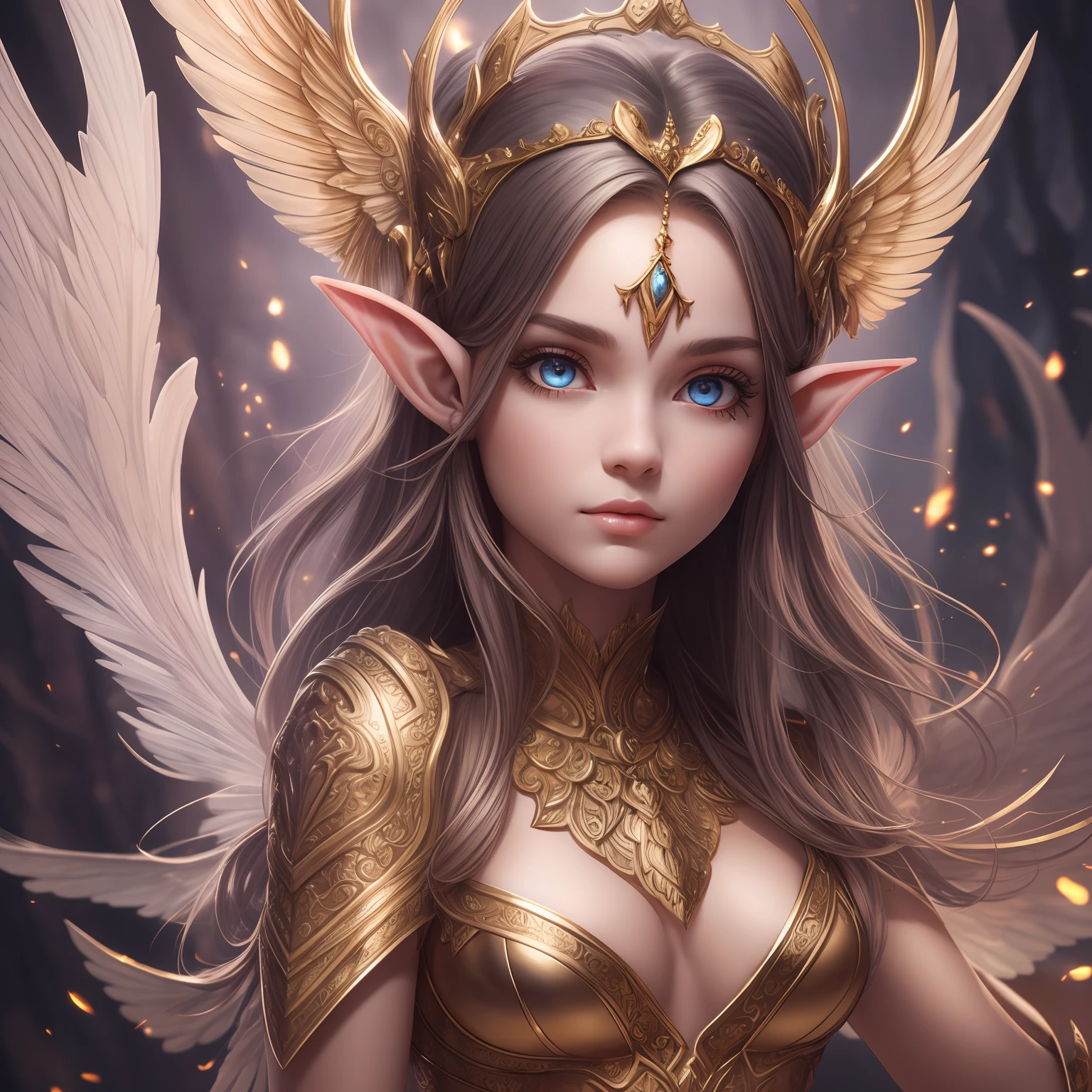 Portrait of Bust, Forest Elf, (Best Quality, 8K, Masterpiece: 1.3), Petite Body, (Beautiful and Detailed Eyes), (Super Detail), (Desktop Wallpaper), Beautiful Face, (Detailed Face), Clear facial features, radioluminous, optical, Panoramic illumination, Atmospheric perspective, Dawn, anti-aliasing: 5D, light painting, color, perfect body beauty: 1.4 Huge wings, symmetrical transparent wings, Stunning details, (dynamic pose), combat form, hands behind your back, Tiny elves fly in the air