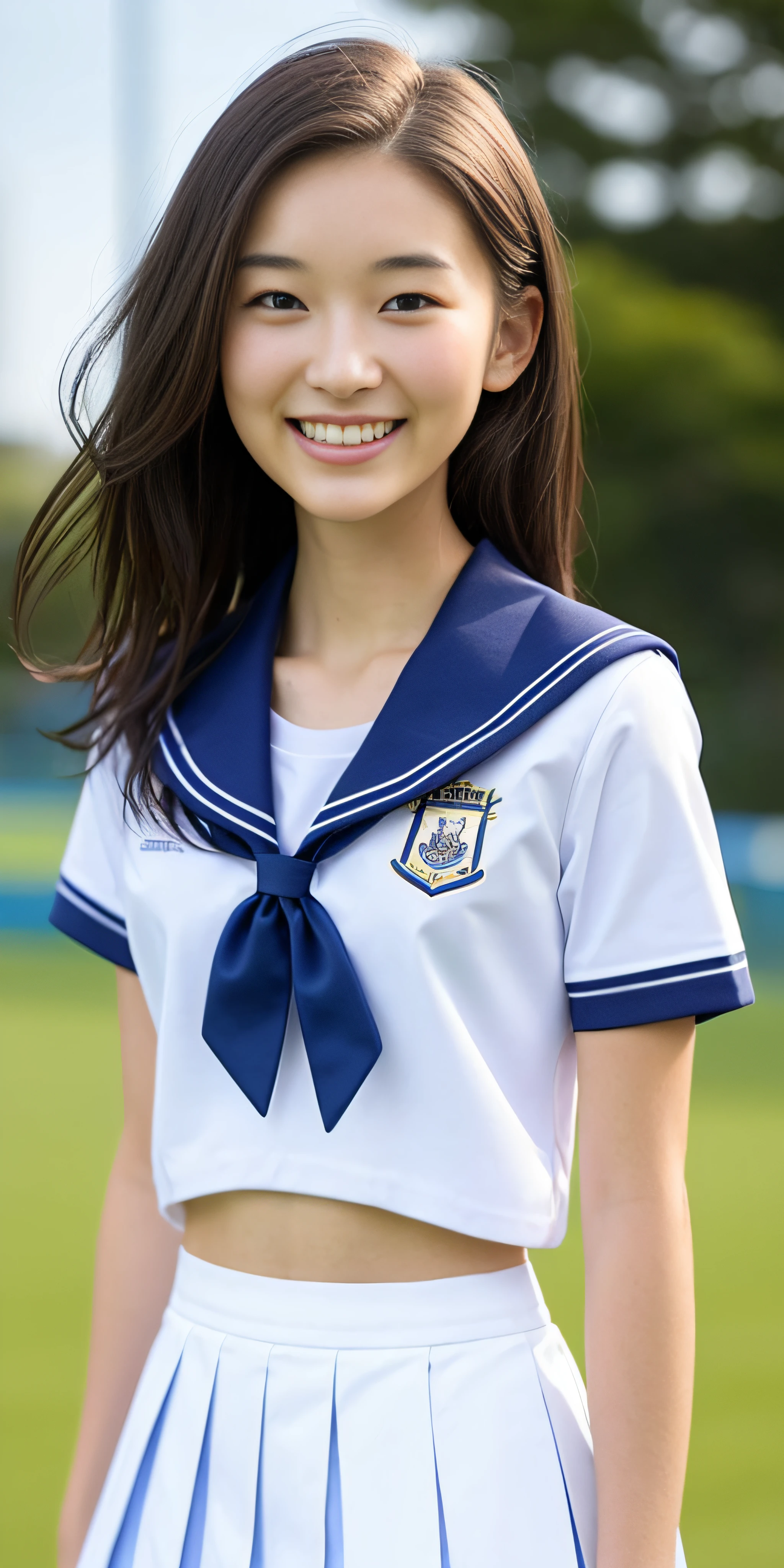 neat college girl, (school uniform, sailor uniform, ribbon tied at chest, summer uniform, upper body white, skirt dark blue, short sleeves), outside the athletic field, (slim), photorealistic, detail, skin texture, ultra detail, delicate and sexy collarbone, smile, super detailed face, detailed lips, detailed eyes, double eyelids, small breasts, small breasts, small, small, flat chest