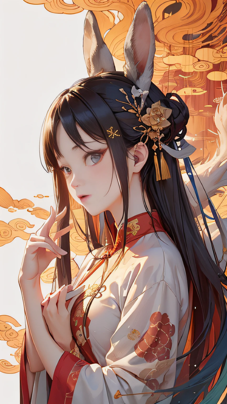 Masterpiece, Top Quality, Best Quality, (Beauty and Aesthetics: 1.3), Extreme Detail, (Fractal Art: 1.3), Extreme Detail, (Fractal Art: 1.3), Colorful, Woods, Giant Rabbit, Chinese Style, White and 1 Girl, Cheongsam Girl Media, Cheongsam, White, Majestic Expression, Horns, Detailed Eyes, Detailed Fingers