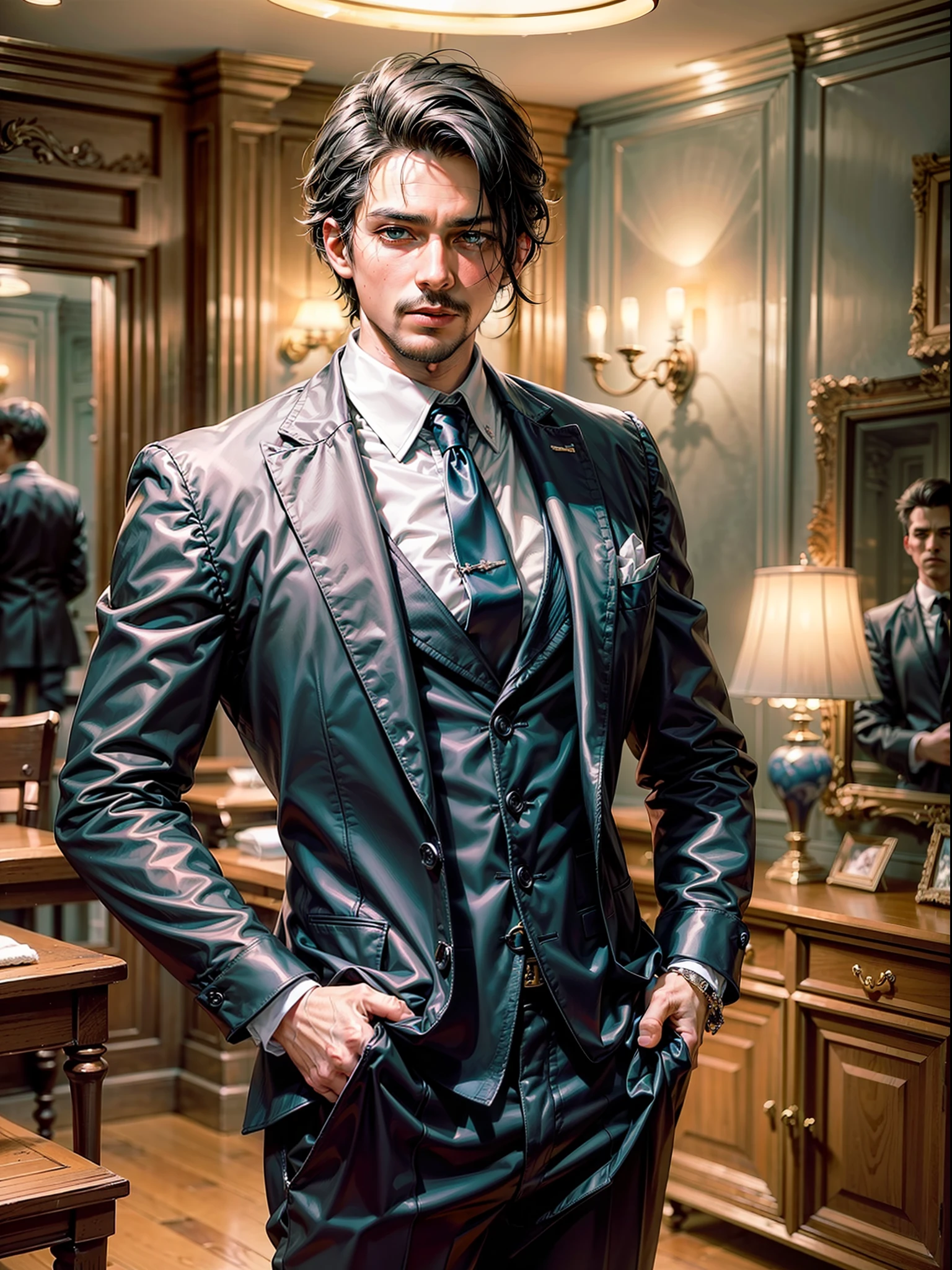 ((Masterpiece, high resolution:1.35)), a dapper mature conman with a mischievous glint in his (emerald green:0.65) eyes and a perfectly groomed (jet-black:1.2) goatee. He wears an impeccably tailored (charcoal gray:1.15) suit with a (crimson red silk:1.1) tie and matching pocket square. His (onyx black:1.25) hair is slicked back flawlessly, accentuating his sharp features. His marionettes, intricately carved with (ebony:0.95) and (mahogany:1.05), stand around him, their (lifeless eyes:1.4) mirroring his own captivating gaze. The backdrop reveals a dimly lit room adorned with antique contracts and an eerie, antique puppet theater