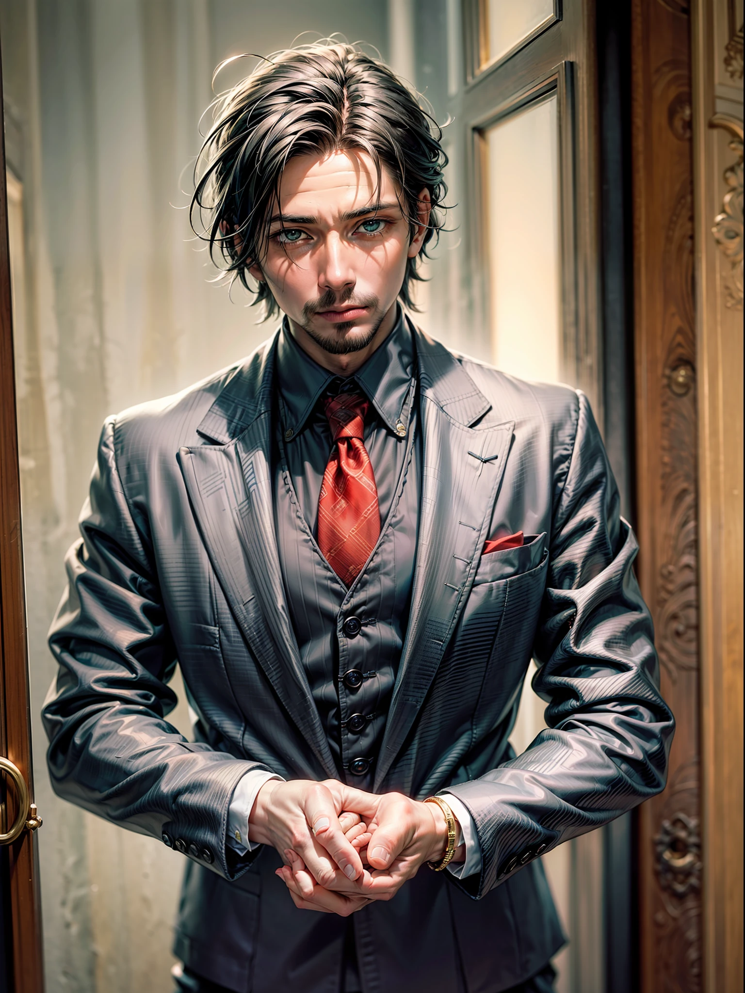 ((Masterpiece, high resolution:1.35)), a dapper mature conman with a mischievous glint in his (emerald green:0.65) eyes and a perfectly groomed (jet-black:1.2) goatee. He wears an impeccably tailored (charcoal gray:1.15) suit with a (crimson red silk:1.1) tie and matching pocket square. His (onyx black:1.25) hair is slicked back flawlessly, accentuating his sharp features. His marionettes, intricately carved with (ebony:0.95) and (mahogany:1.05), stand around him, their (lifeless eyes:1.4) mirroring his own captivating gaze. The backdrop reveals a dimly lit room adorned with antique contracts and an eerie, antique puppet theater