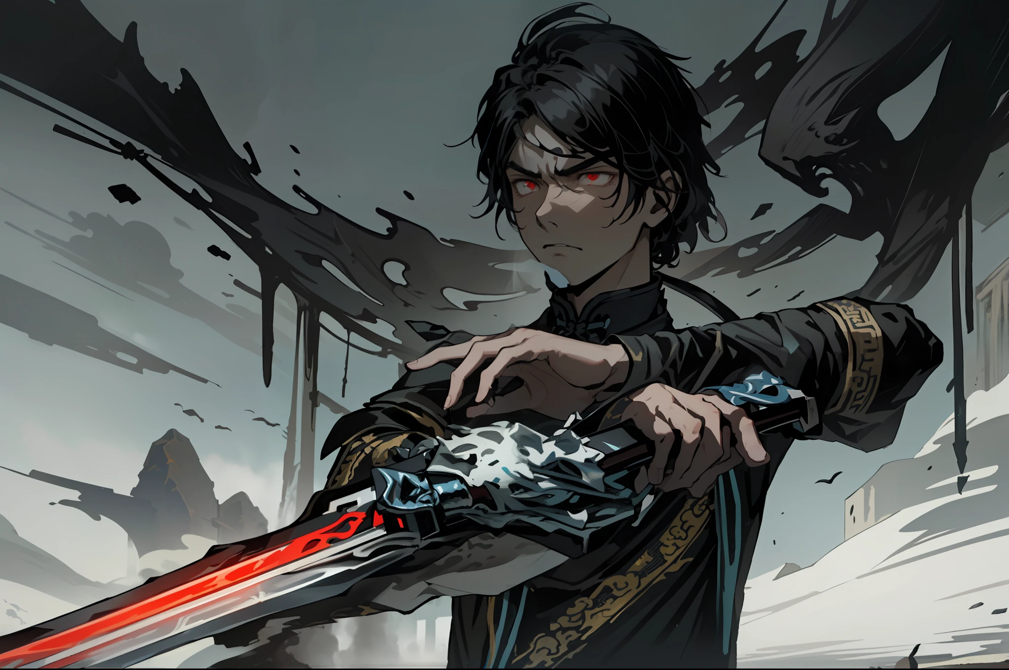 A young man, seventeen or eight years old, exquisite facial features, ancient Chinese, dressed in blue and black, rarely speaks, long black hair, holding a big sword, slightly murderous intent, red eyes, the environment is bleak and dark, on the battlefield, there are many corpses, the environment is gloomy, wearing blue-black ancient costumes, angry
