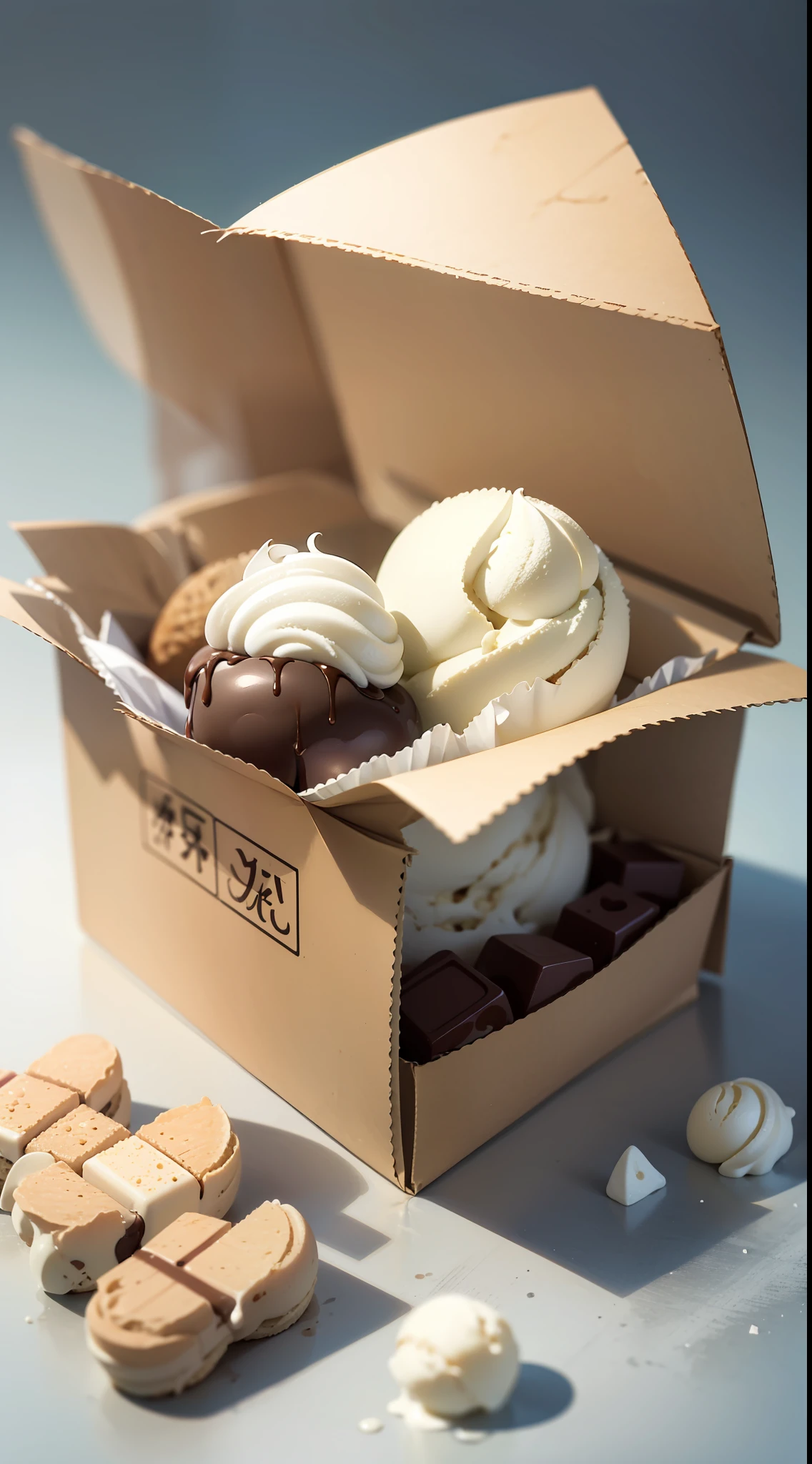 Food box,white Pastry,Ice Cream,Chocolate,(Snowflake:1.2),