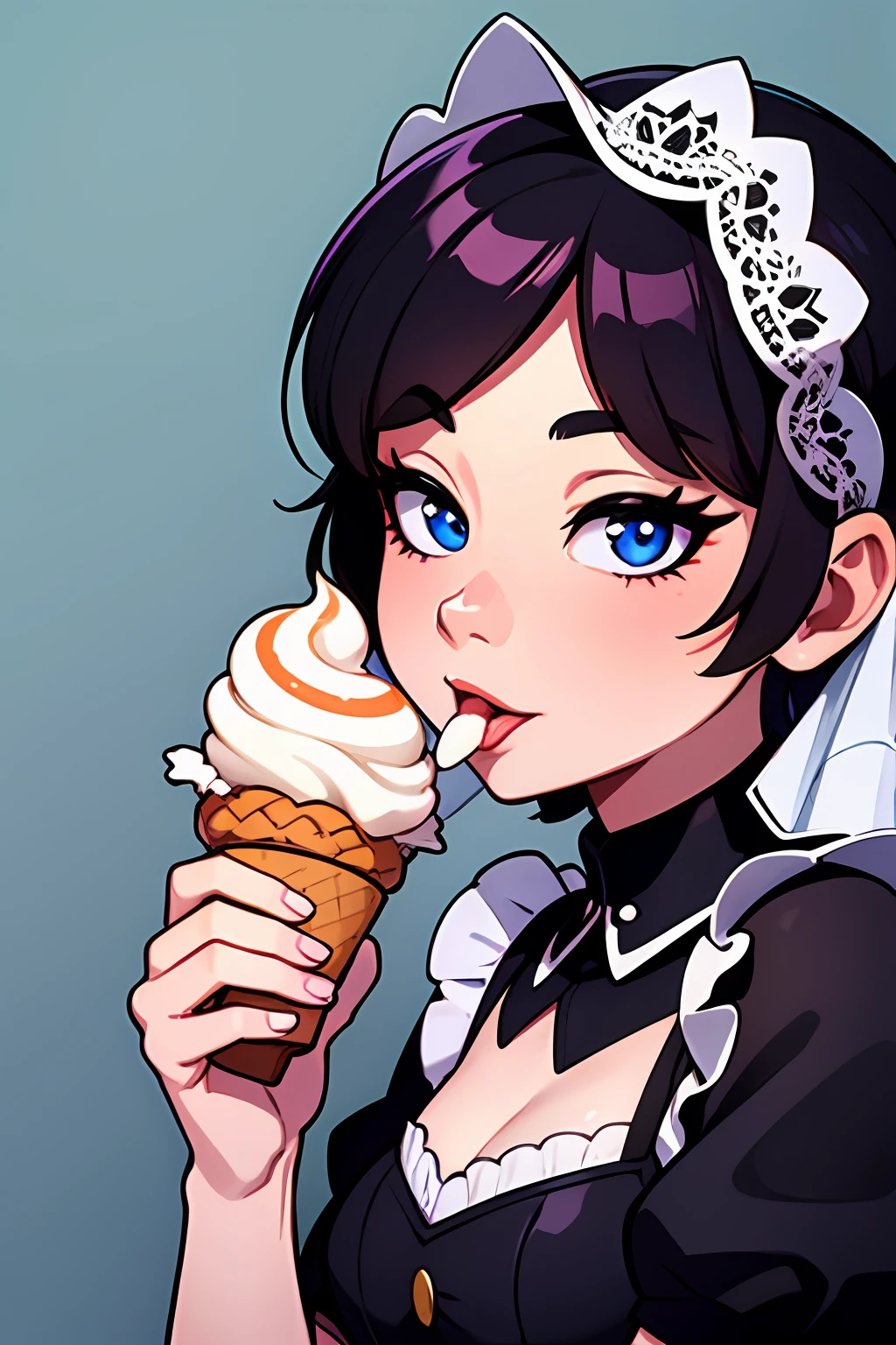 high resolution, professional lighting, a girl is eating an ice cream cone, by Lü Ji, discord profile picture, diamond skin, adorable and cute, full image, awestriking, by Gu Hongzhong, tongue, gorgeous maid, very detailed stunning deep eyes, app, cooky, anime inspiration, bite, lace veil, insanely cute, photorealisti, masterpiece, best quality