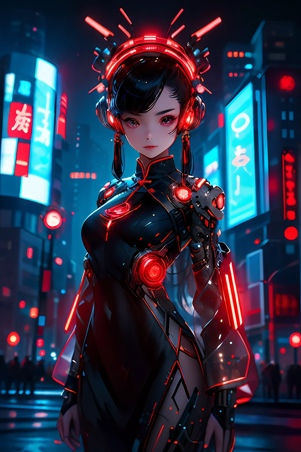 1 girl, solo, cyberhanfu, long sleeves, chinese_clothes, in red and black, cyberpunk city, dynamic pose, Headdress, hair ornament, long hair, cyberpunk, a high-tech city, full of machinery and futuristic element, futurism, technology