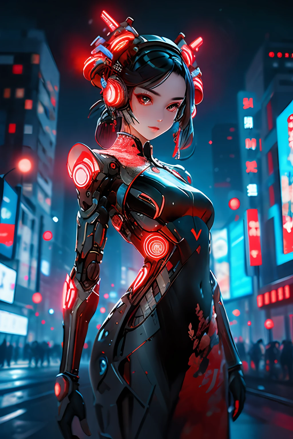 1 girl, solo, cyberhanfu, long sleeves, chinese_clothes, in red and black, cyberpunk city, dynamic pose, Headdress, hair ornament, long hair, cyberpunk, a high-tech city, full of machinery and futuristic element, futurism, technology