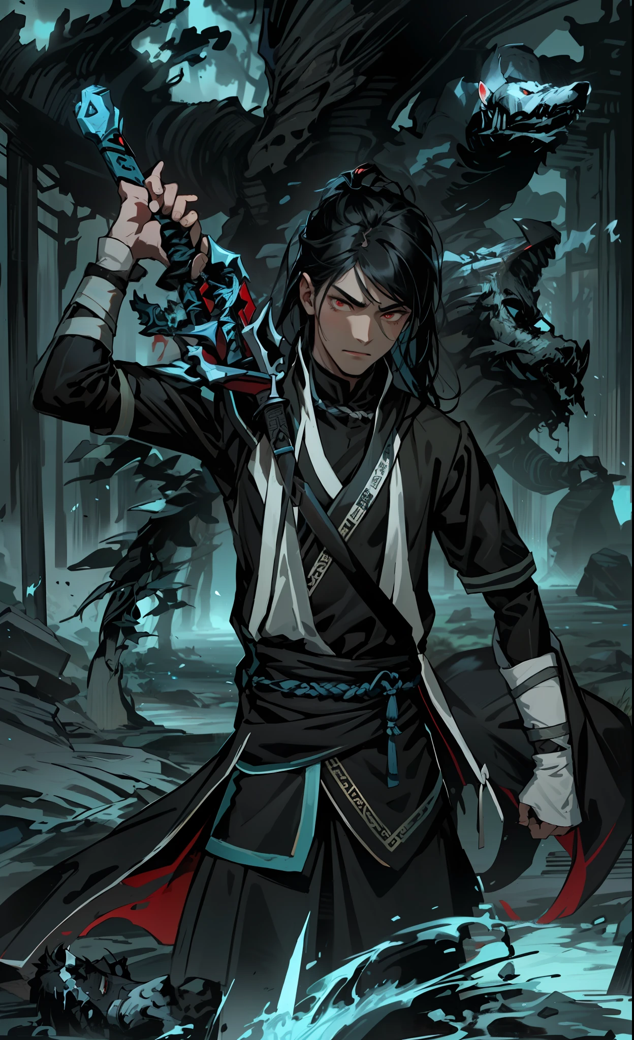 A young man, seventeen or eight years old, exquisite facial features, ancient Chinese, dressed in blue and black, rarely speaks, long black hair, holding a big sword, slightly murderous intent, red eyes, the environment is bleak and dark, on the battlefield, there are many corpses, the environment is gloomy, wearing blue-black ancient costumes, angry