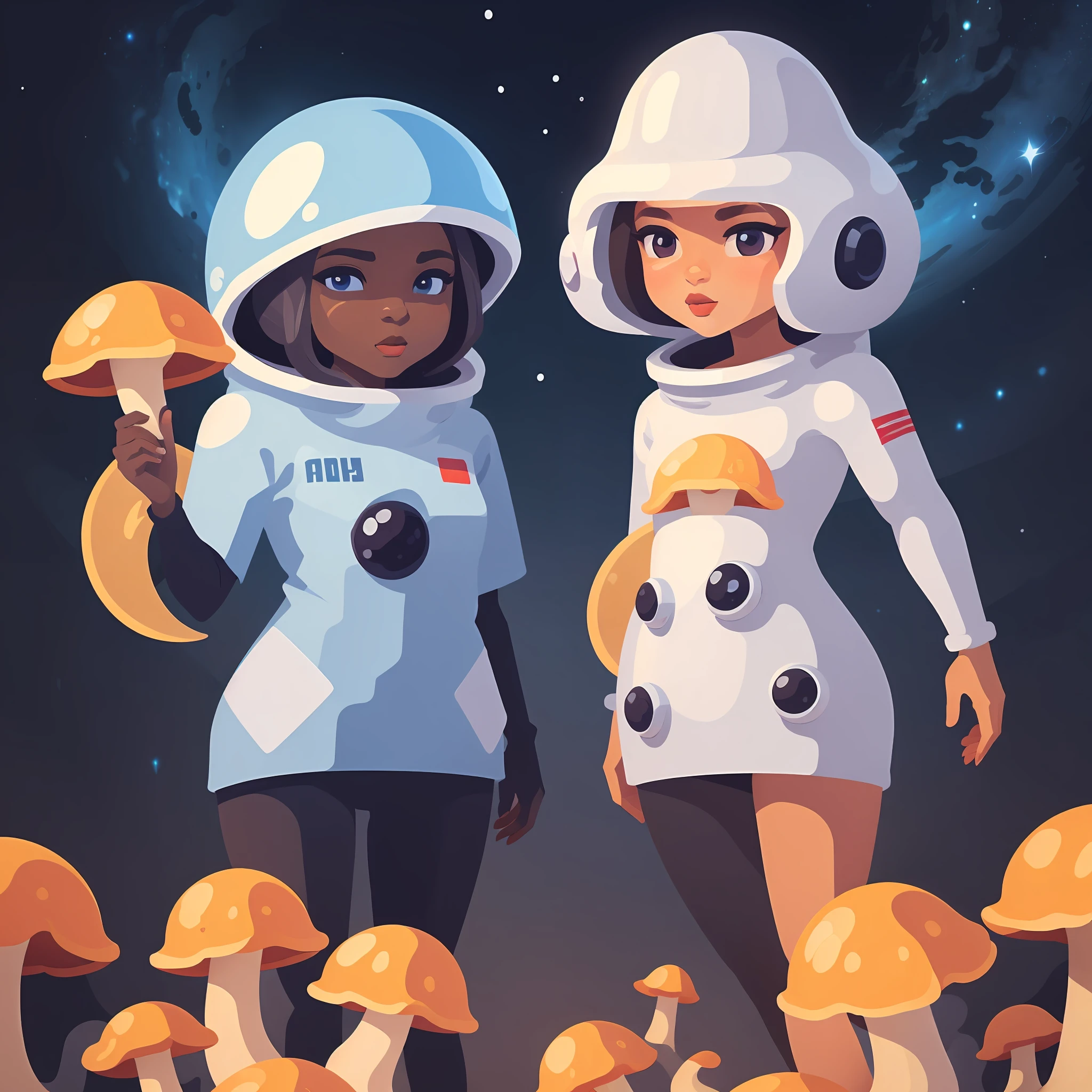 Extraterrestrial, blue with big, mouthless eyes, with space suit glued to their bodies, on a planet full of mushrooms --auto