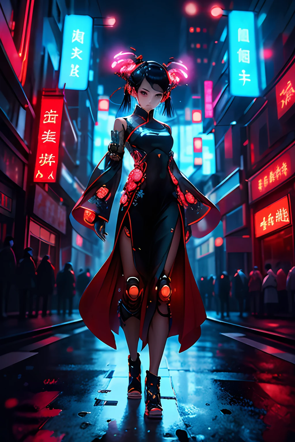 1 girl, solo, cyberhanfu, long sleeves, chinese_clothes, in red and black, cyberpunk city, dynamic pose, Headdress, hair ornament, long hair, cyberpunk, a high-tech city, full of machinery and futuristic element, futurism, technology