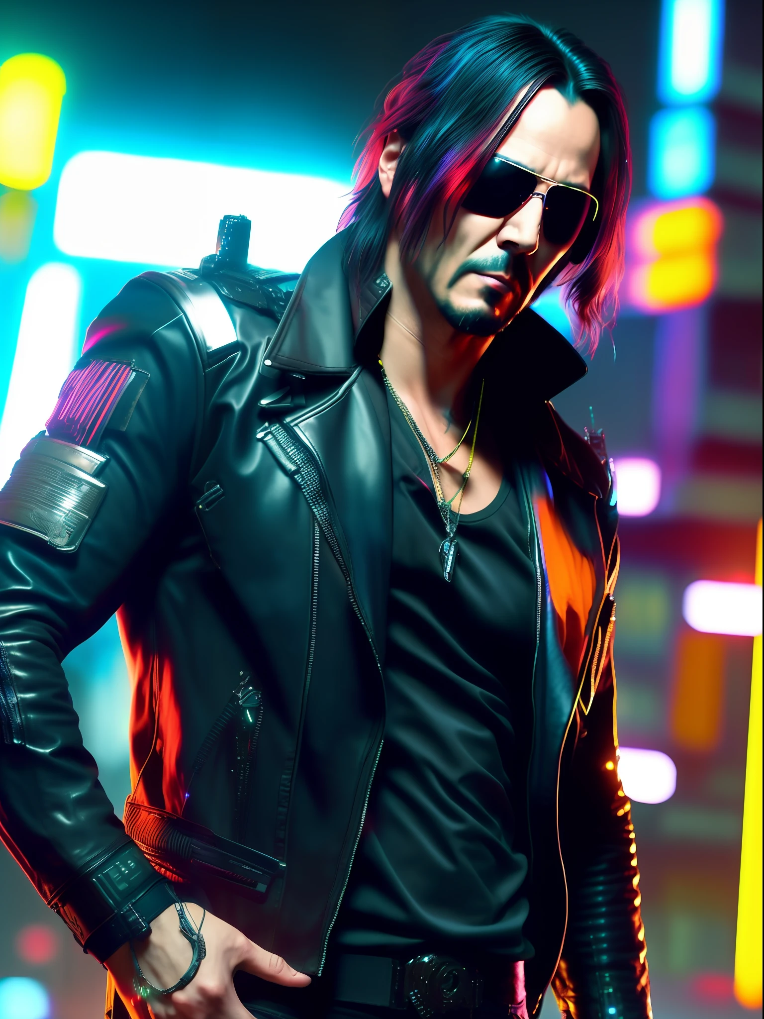 Johnny Silverhand (Keanu Reeves) doing a badass pose, night-time, holding aviators in hand, cyberpunk 2077, ultra realistic, 4k quality, highly detailed