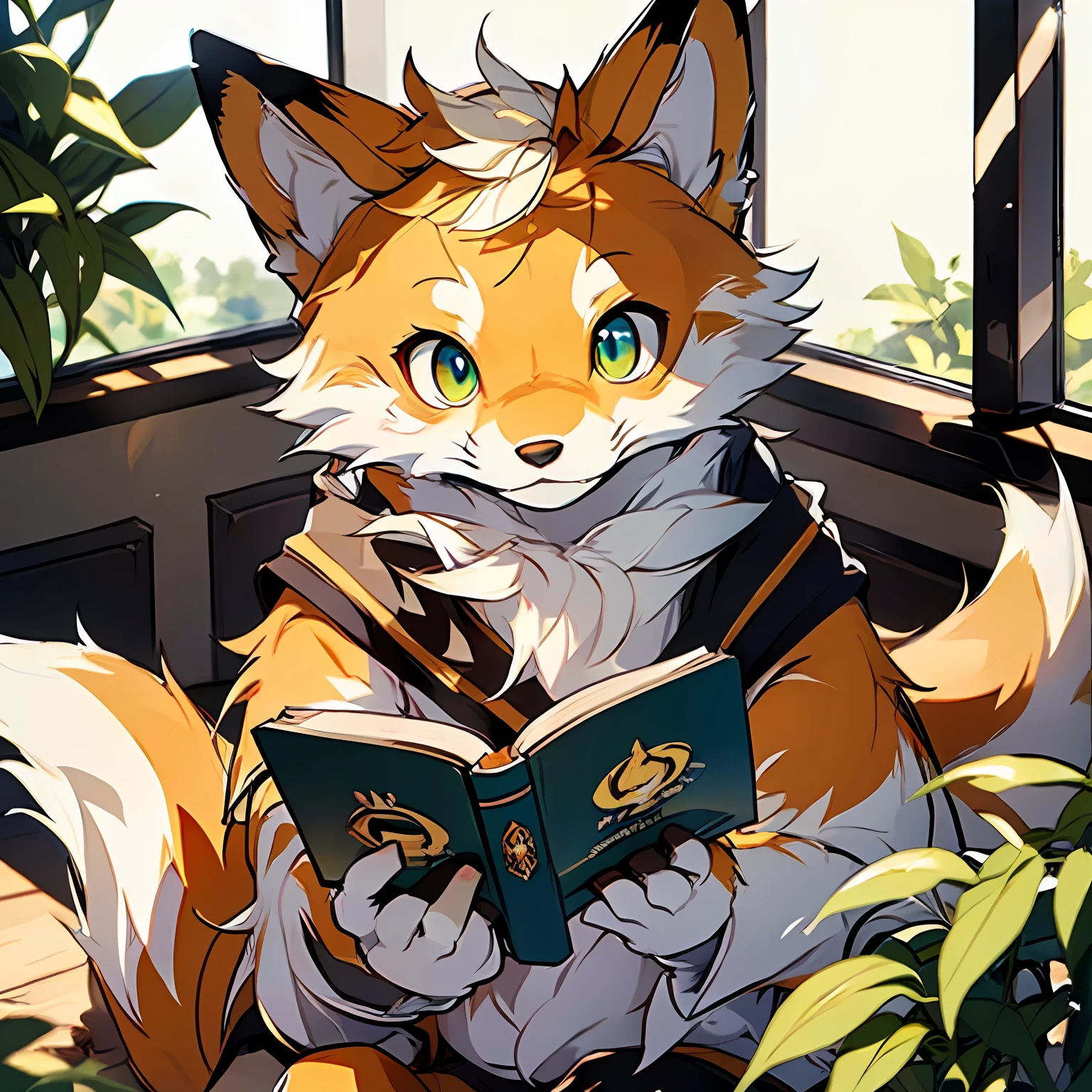 high detail, hyper quality, high resolution, 1080P, solo, furry, (male fox: 1.5), (yellow-brown fur: 1.3), cyan eyes, (fluffy tail: 1.2), sitting in chair reading a book, in the room, natural lighting, detailed background