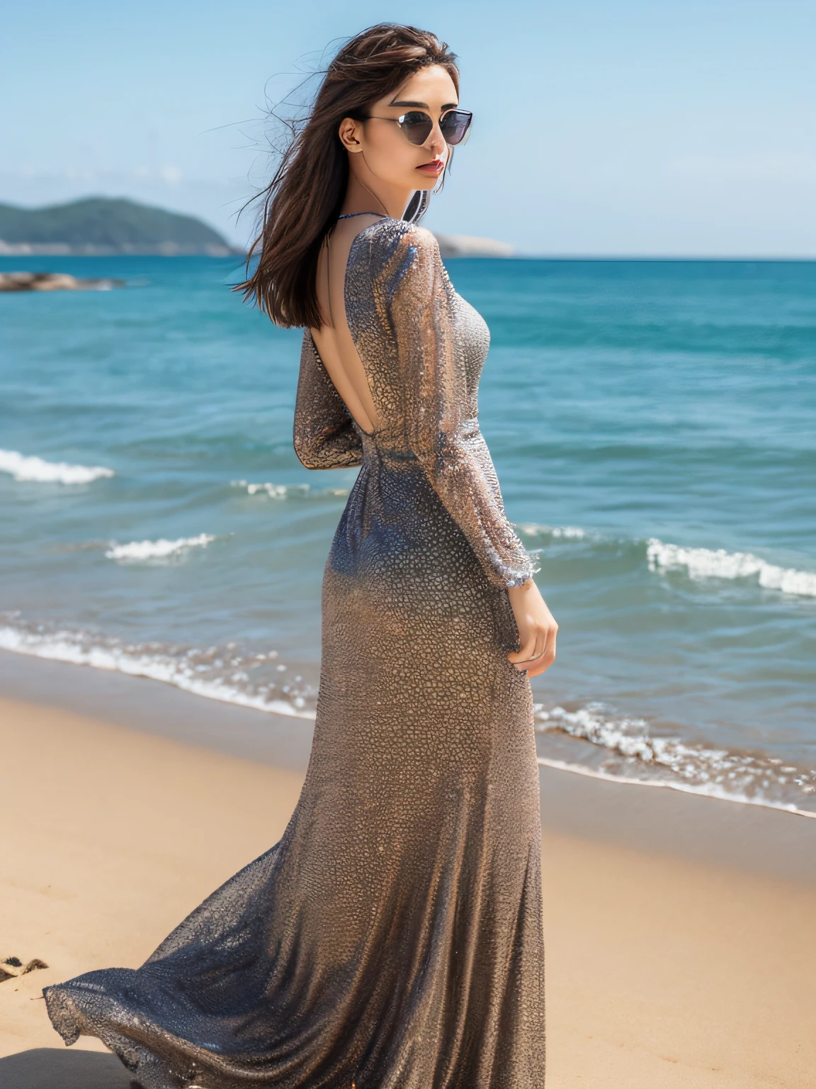 ((Best Quality, 8K, Masterpiece: 1.3)), 1 girl, full body, slim face, beautiful woman, (short dark brown hair), full-length dress :1.1, super detailed face, detailed eyes looking at the back, walking on the beach with sunglasses looking at the sea in the distance, blurred background, slim face, sea, beach,