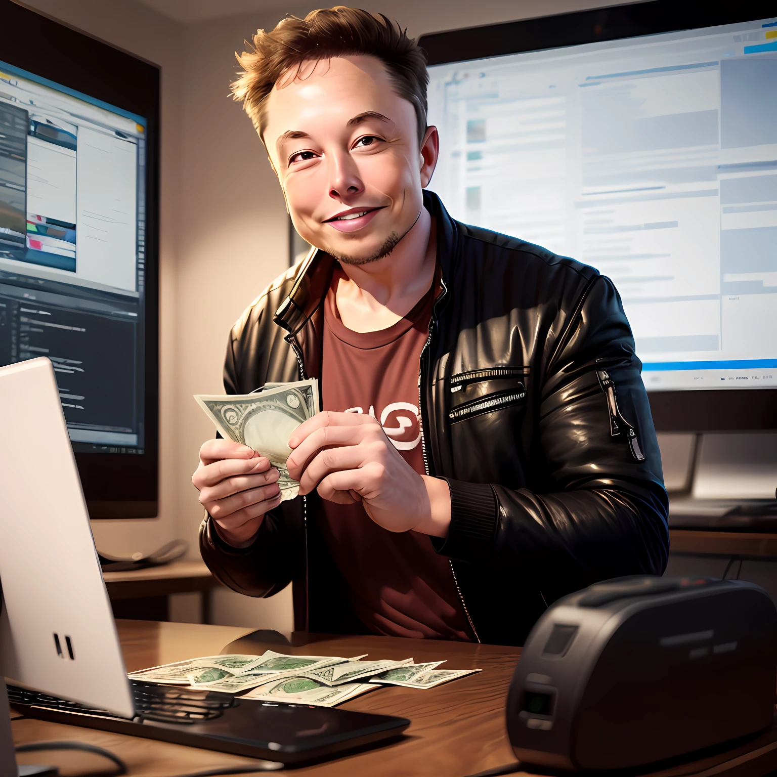 Elon Musk, holding money, smiling in front of the computer, wonderful quality, raw, incredibly happy, hyper realistic, --auto