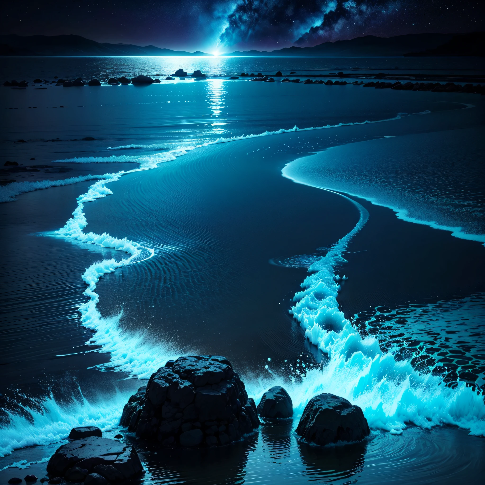 Blue bioluminescence, sea surface, night --auto