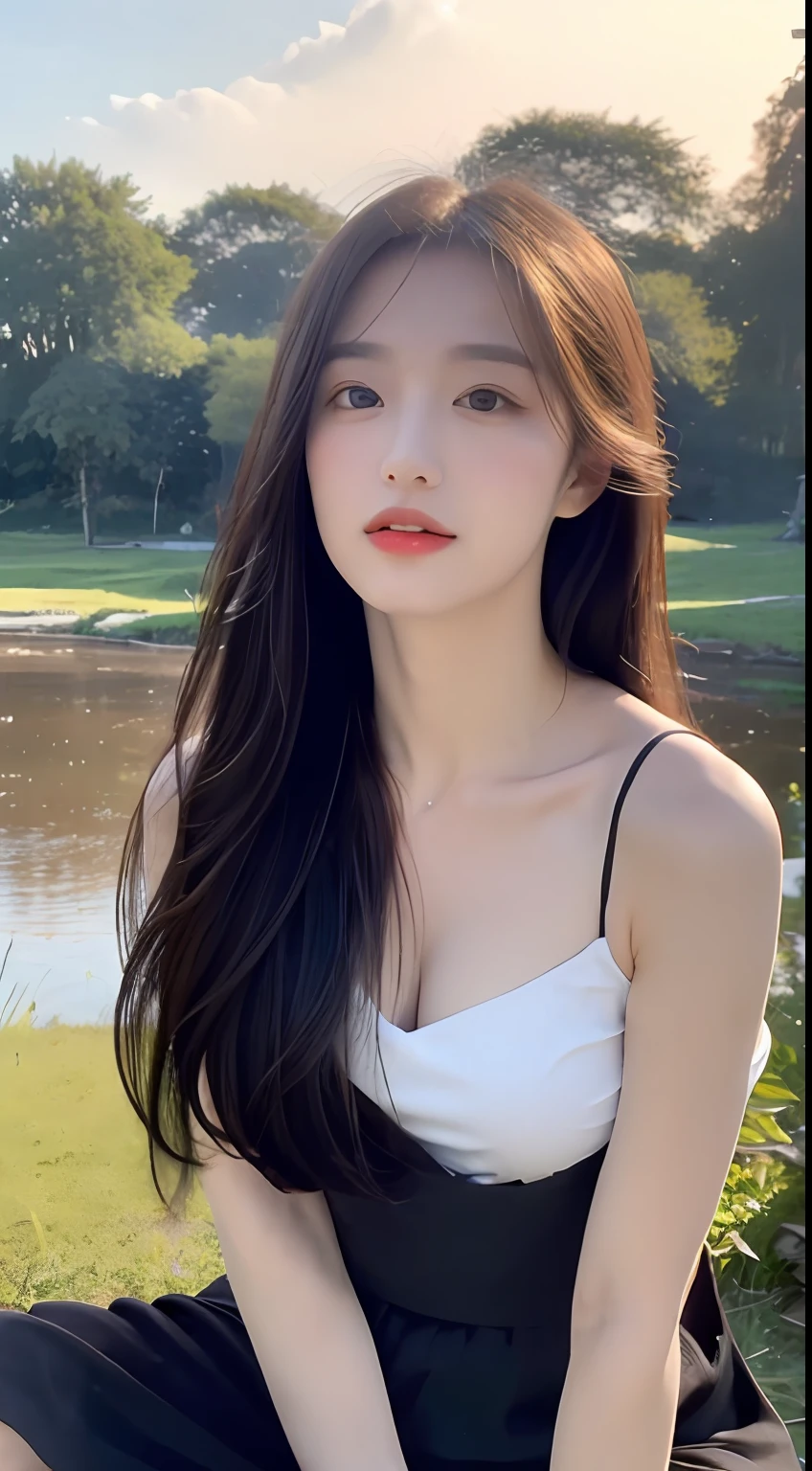 ((Best Quality, 8K, Masterpiece: 1.3)), realistic, realistic, A beautiful girl, pure, melon face, gentle and cute, thin body, (frontal), (tilted head), looking directly at the camera, [detached sleeves::0], [collared shirt::0], [capri pants::0], black silky long straight hair, long hair flowing over the shoulders, round black big eyes, clear big eyes, moist red lips, sweet, sitting by the pond, Blue sky and white clouds, sunshine, pastoral background,