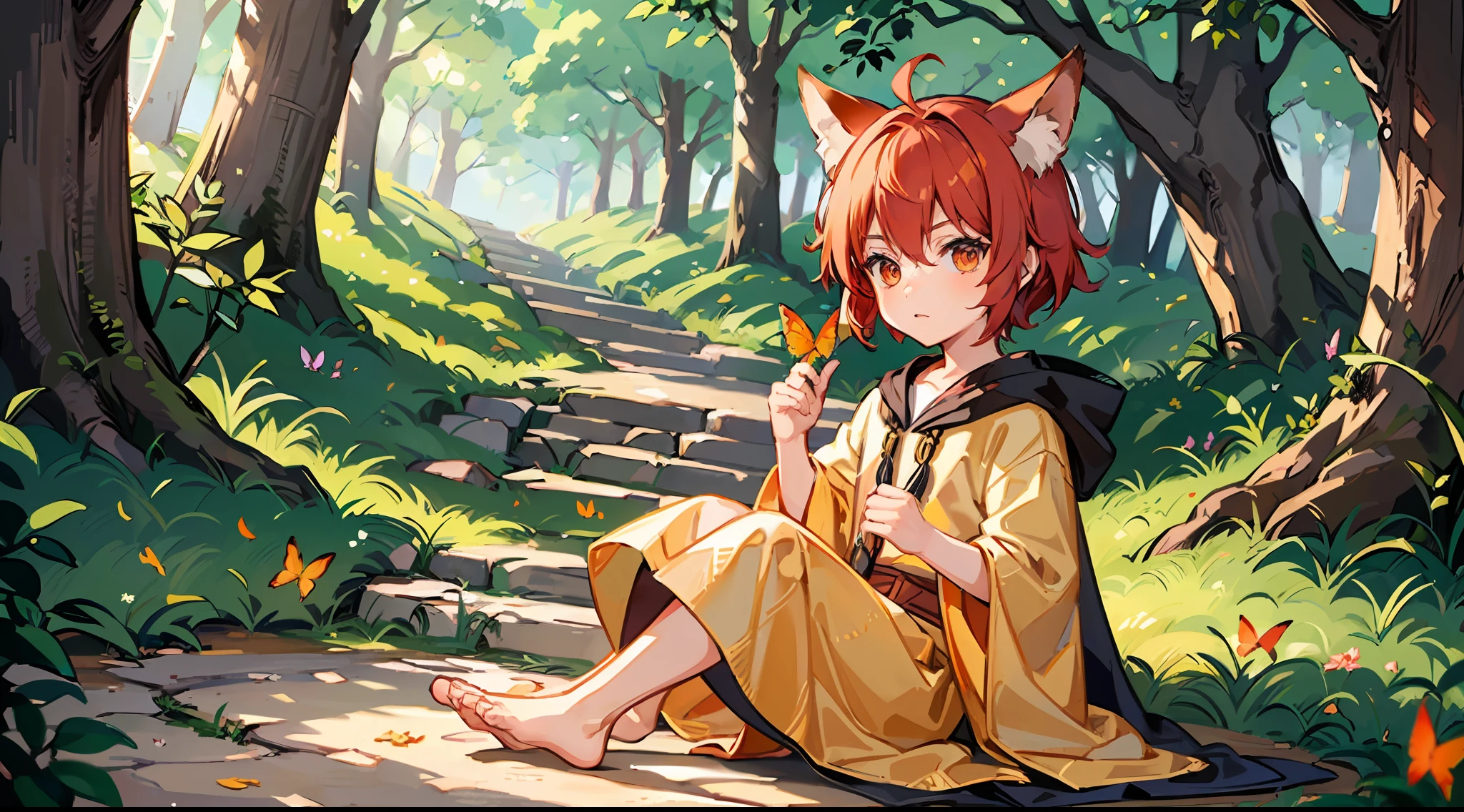 (Little boy with short red hair with golden eyes), (dressed in a golden and red fairy robe), (red fox ear tail), (handsome), (barefoot), (maple forest), (chasing butterflies)
