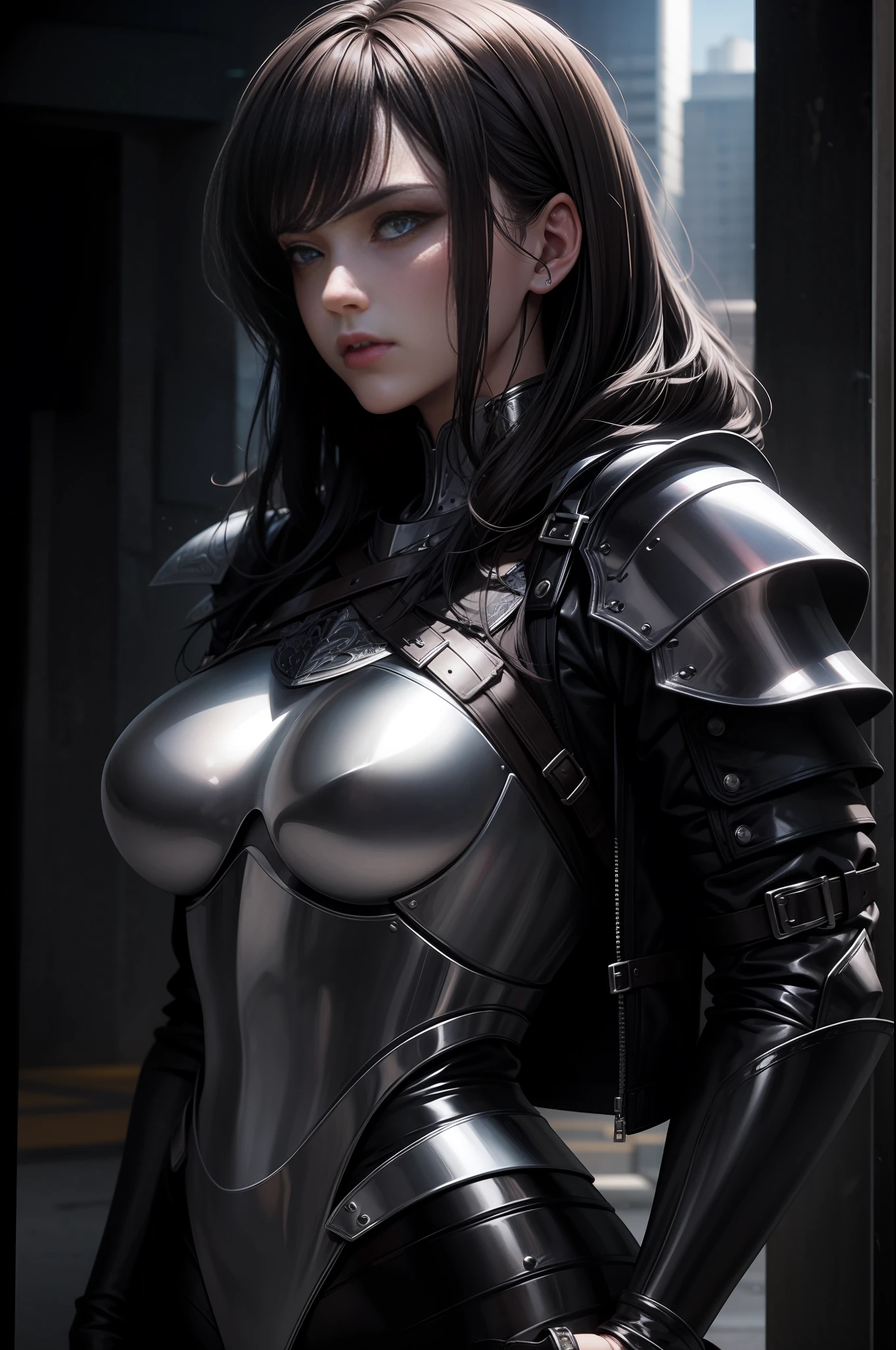 (masterpiece:1.4, intricate details:1.2), (perfect eyes), better eyes, cinematic lighting, realistic, CG 4K wallpaper, woman in black leather outfit, girl in knight armor, beautiful female knight, of a beautiful female knight, in leather armor, wearing techwear and armor, covered in full leather armor, female knight, cosplay on black harley queen, cyberpunk suit, cyborg noble woman, wearing shiny breastplate, wearing leather assassin armor, HDR, depth of field, sharp focus