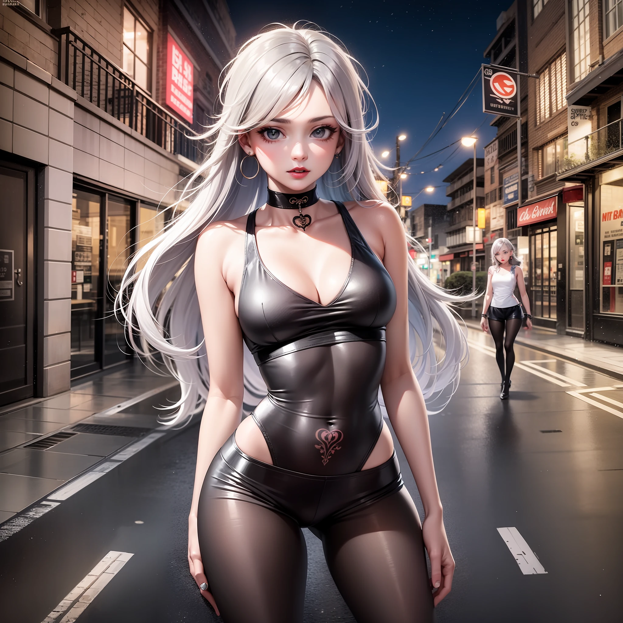 Urban middle school student, masterpiece, light makeup, red lips, silver hair, messy long hair, street background, beautiful, elegant. Super fine details, master works, real texture, movie lighting realism, perfect work, 8k, HD, exquisite facial features, pink tight open-cut top, blue tight shorts, black tights, slim figure, pear-shaped body, small man's waist, vest line, collarbone, bright big eyes, smooth skin, earrings, tattoos, beautiful long legs