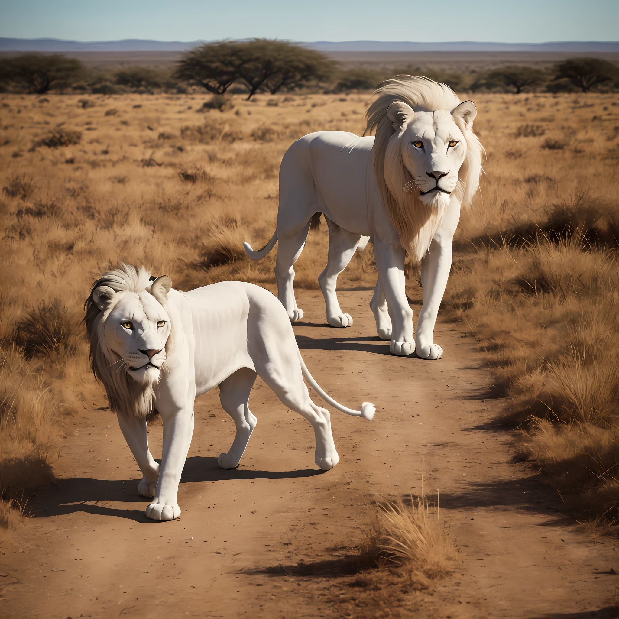 White lion walking in the African savannah. 3D image, warm 16K, wide-angle, 35mm F/1.18 lens --auto