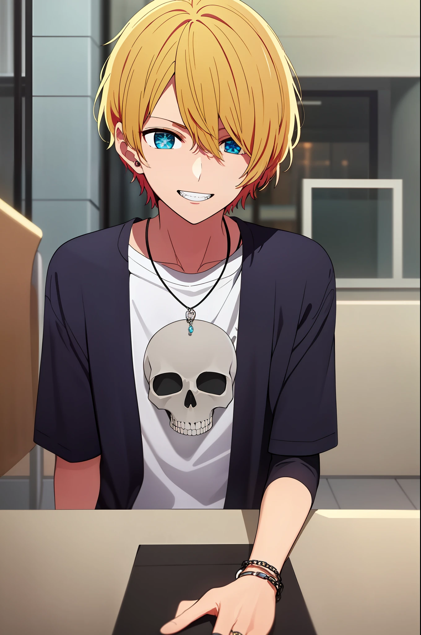 masterpiece, best quality, high quality, 1boy, solo, male focus, looking at viewer, upper body, hoshino_aquamarine, ear piercing, park, city road, blonde, sitting, star shaped symbol on right eye, cool pose, manly pose, smile, modern t shirt, short sleeve, punk bracelet, skull ring, chain necklace, show teeth,