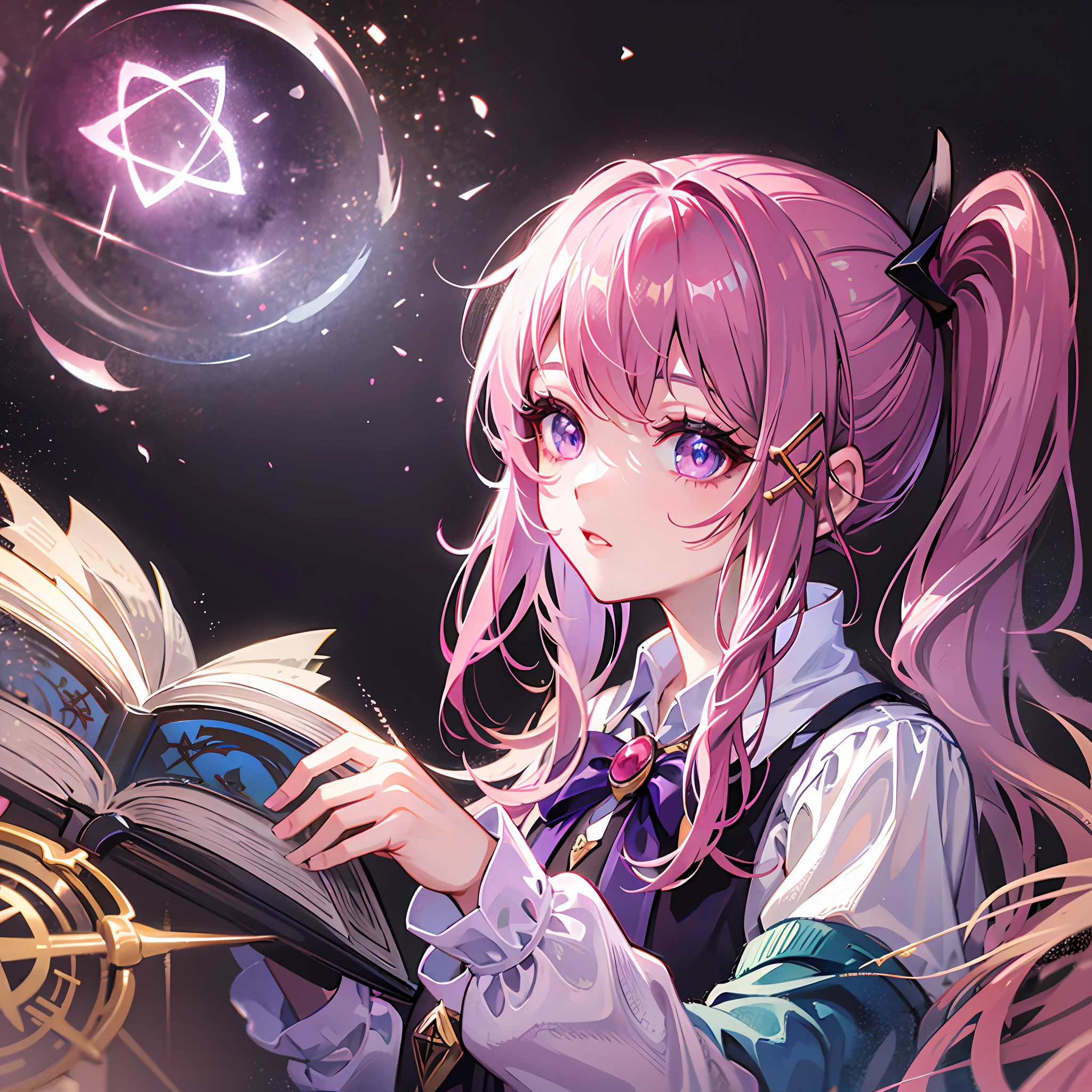 Light dark pink hair, (side ponytail), snowflake hairpin, purple fine eyes, pink beautiful long dress, magic light surrounding, magic book, pentagram, eye condensation, attention to detail, highest quality, little girl, books, avatar