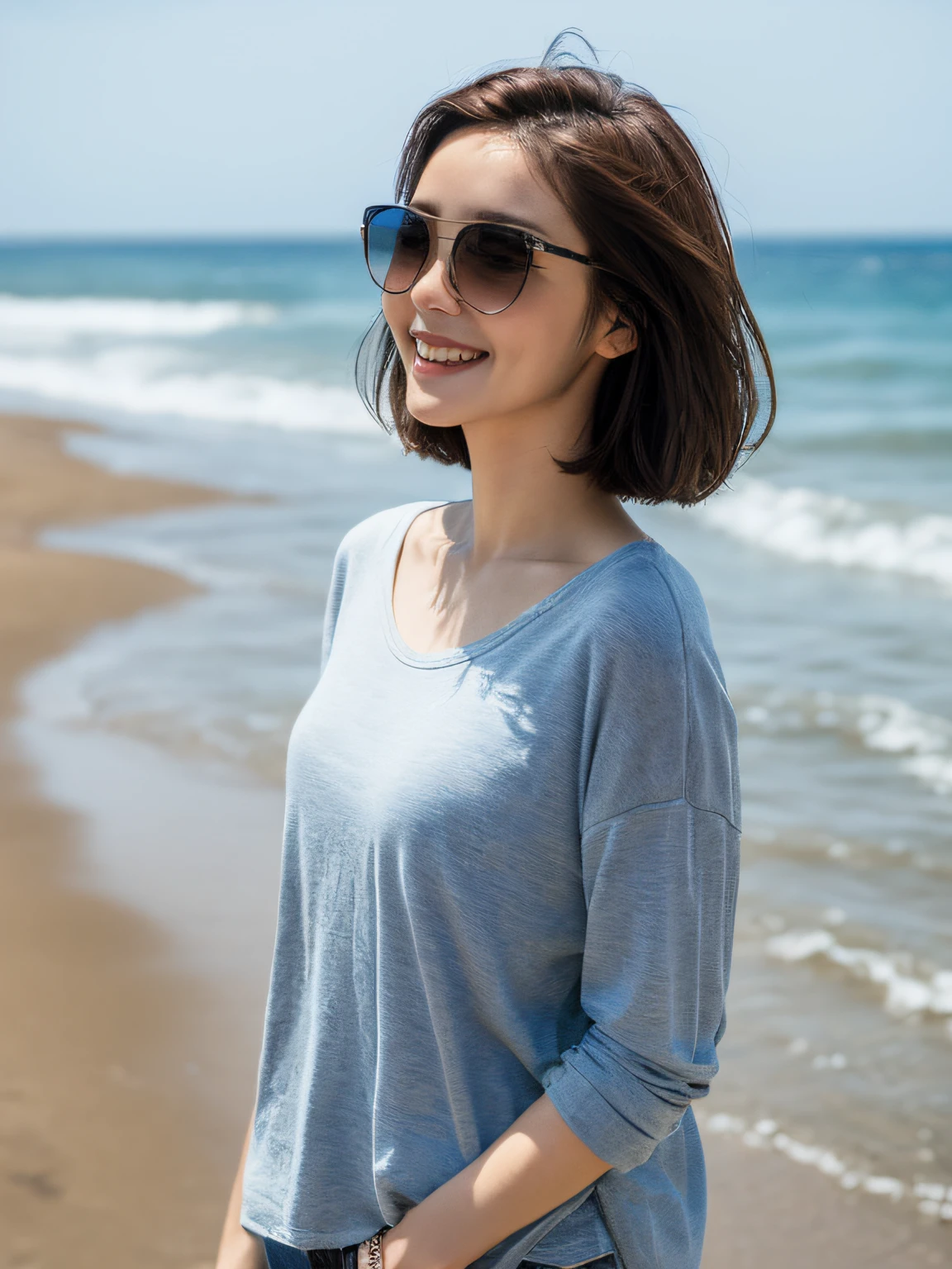 ((Best Quality, 8k, Masterpiece: 1.3)), 1 girl, smile, full body, slim face, beautiful woman, (short dark brown hair), casual clothing, ultra-detailed face, detailed eyes, walking on the beach with sunglasses looking at the sea in the distance, blurred background, slim face, sea, beach,