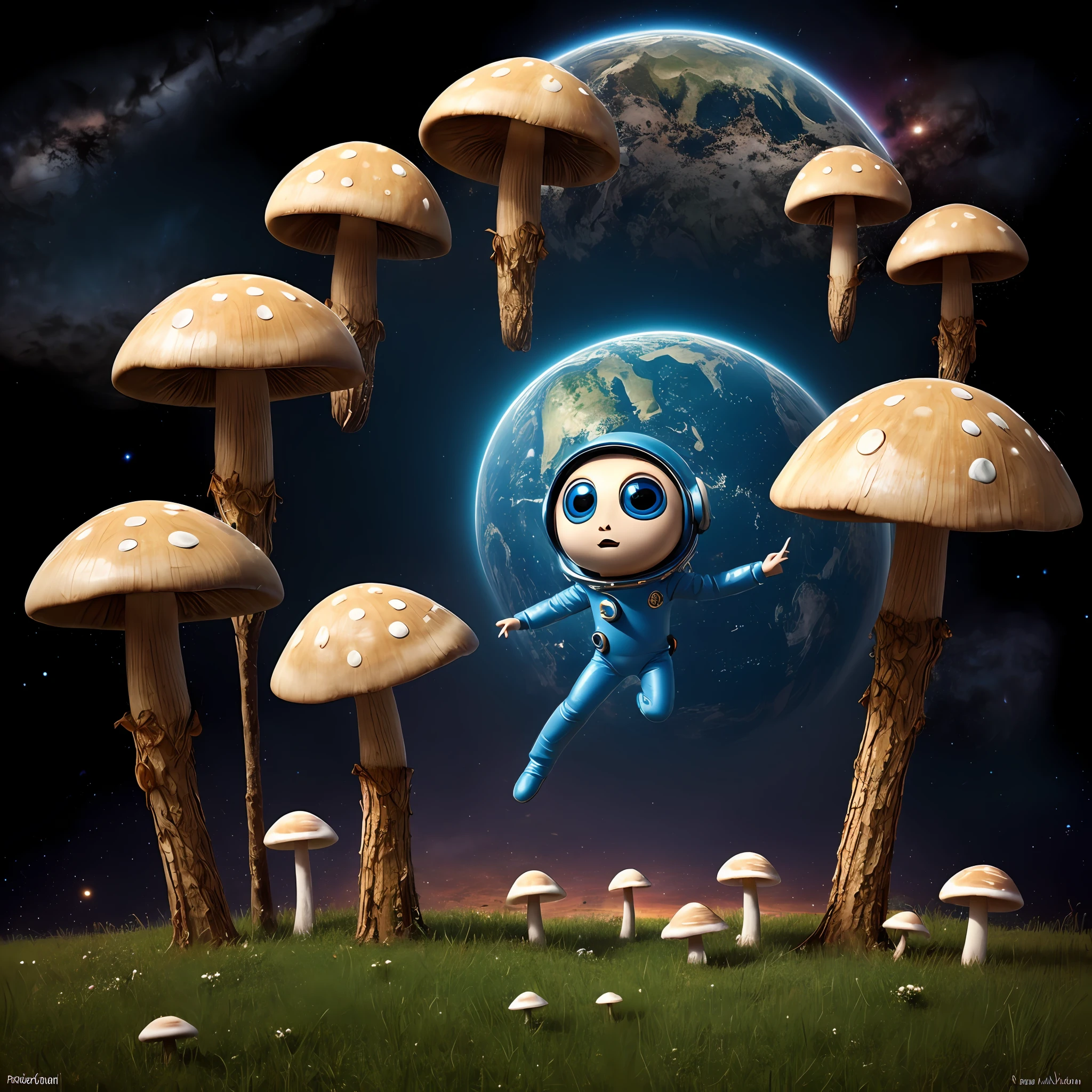 Extraterrestrial, blue with big, mouthless eyes, with space suit glued to their bodies, on a planet full of mushrooms