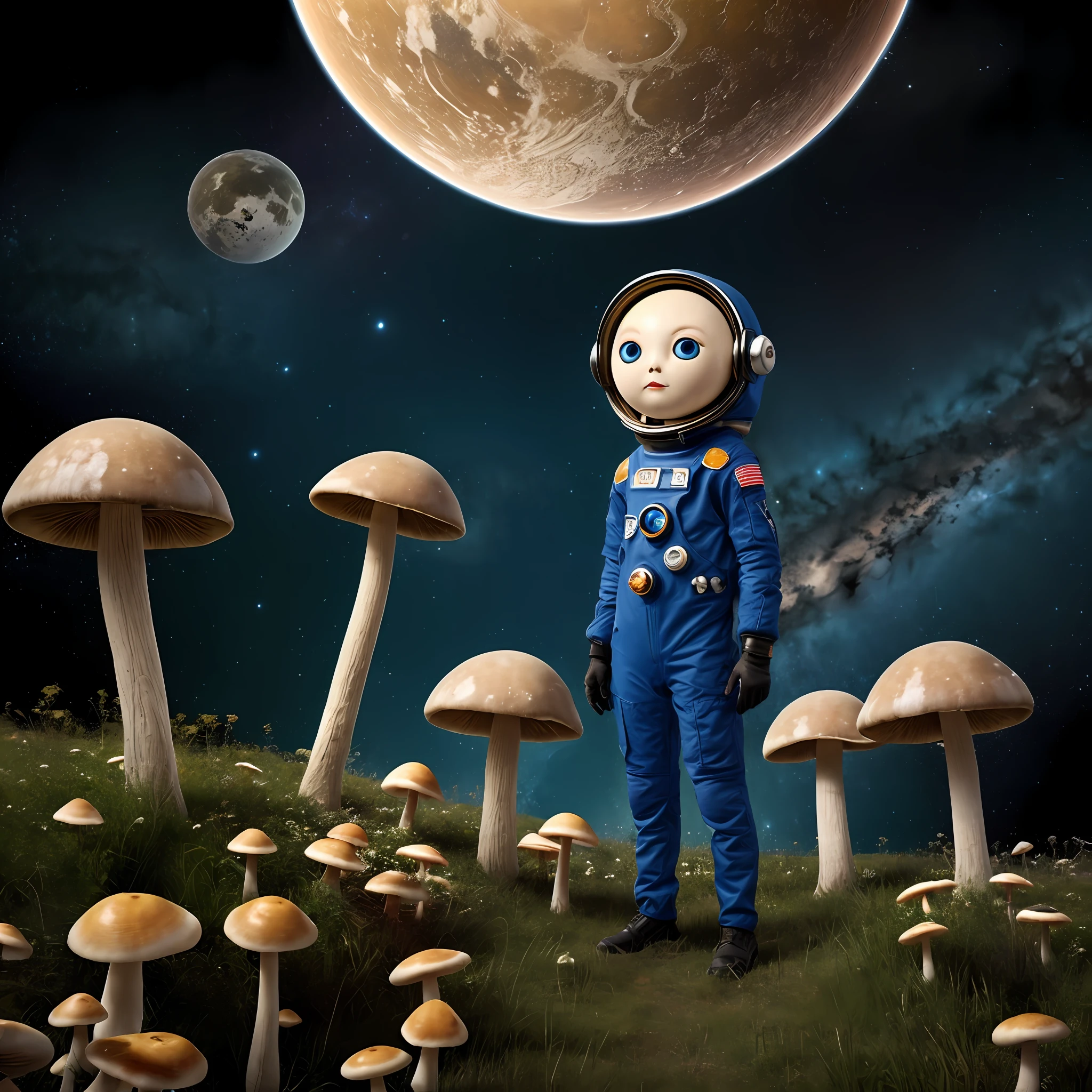 Extraterrestrial, blue with big, mouthless eyes, with space suit glued to their bodies, on a planet full of mushrooms