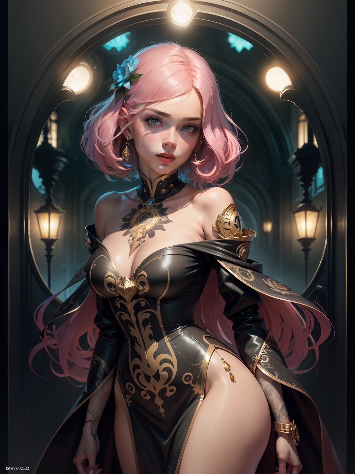 , full body length standing of a photorealistic beautiful woman, proportionate, intense coloration fantasy, light hair, a stunning realistic photograph 20 years , bubblegum pink colored hair, upper class fashion, random color eyes, full body, cover, dress design has fractal and tiling features, hyperdetailed painting, luminism, octane render, Bar lighting, complex, {{Martin Ansin}}, 8k resolution concept art portrait by Martina Fačková and Prywinko Art, Artgerm, WLOP, Alphonse Mucha, little fusion pojatti realistic steampunk, fractal isometrics details bioluminescence : hypereallistic cover photo awesome full color, hand drawn, dark, gritty, realistic mucha, klimt, davinci, erte .12k, intricate. hit definition , cinematic,Rough sketch, mix of bold dark lines and loose lines, bold lines, on paper , real life human, bold colors on dresses,