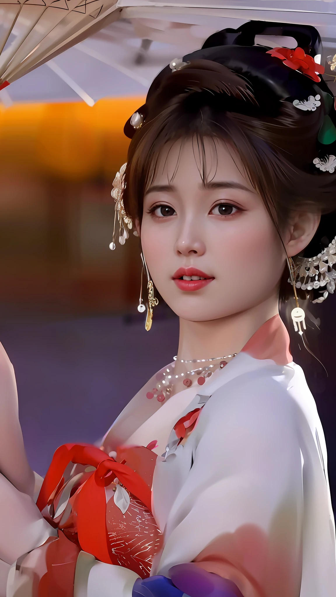 araffe woman in a kimono with a parasol and a red ribbon, palace , a girl in hanfu, chinese girl, beautiful render of tang dynasty, ancient chinese beauties, chinese style, ancient chinese princess, chinese princess, traditional beauty, traditional chinese, chinese woman, inspired by Du Qiong, wearing ancient chinese clothes, guweiz, realistic. cheng yi
