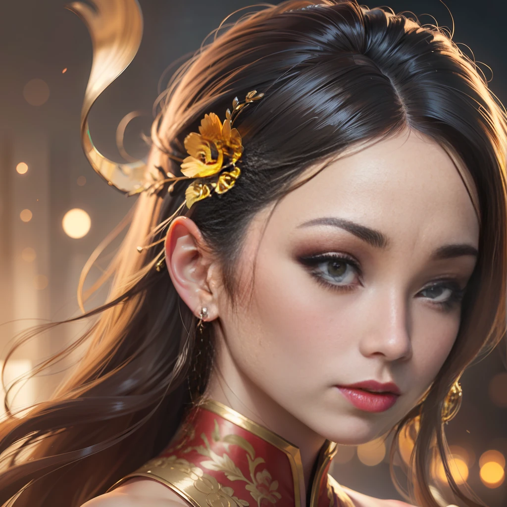 portrait of a beautiful Asian woman, with gorgeous makeup, glossy, 4k, 3D, vibrant color, intricate, elegant, highly detailed, digital painting, smooth, sharp focus, illustration art in the Andrew Gonzalez style