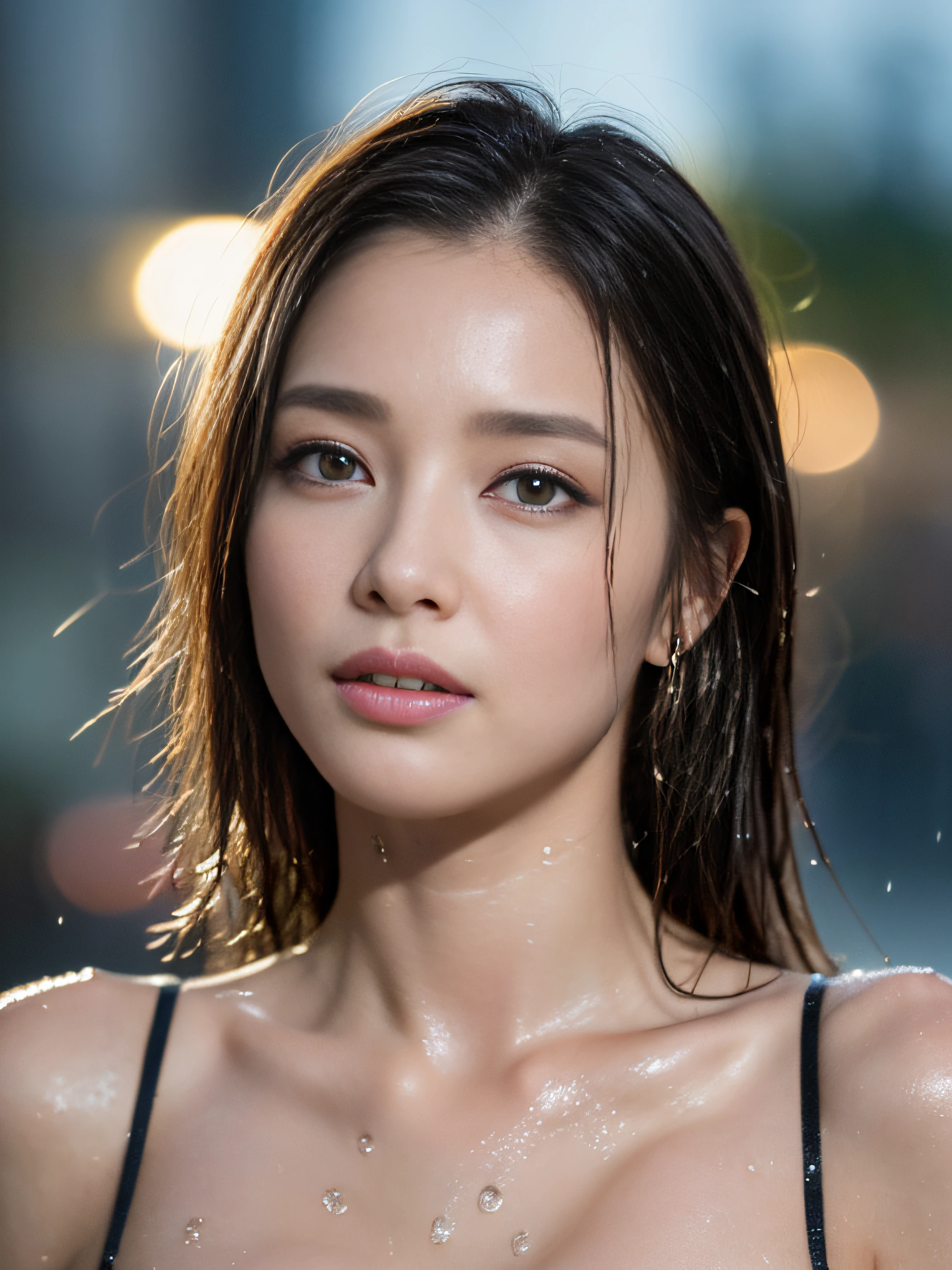 (Top quality, 4k, Masterpiece:1.3), Pretty woman, 1 woman, (breasts, attractive body:1.2), abs:1.1, dark brown hair: 1.1, (rainy wet, rain-wet, wet torso: 1.2), very fine face, delicate lips, delicate eyes, double eyelids, sparkling eyes, sparkling lips, blue eyes,
