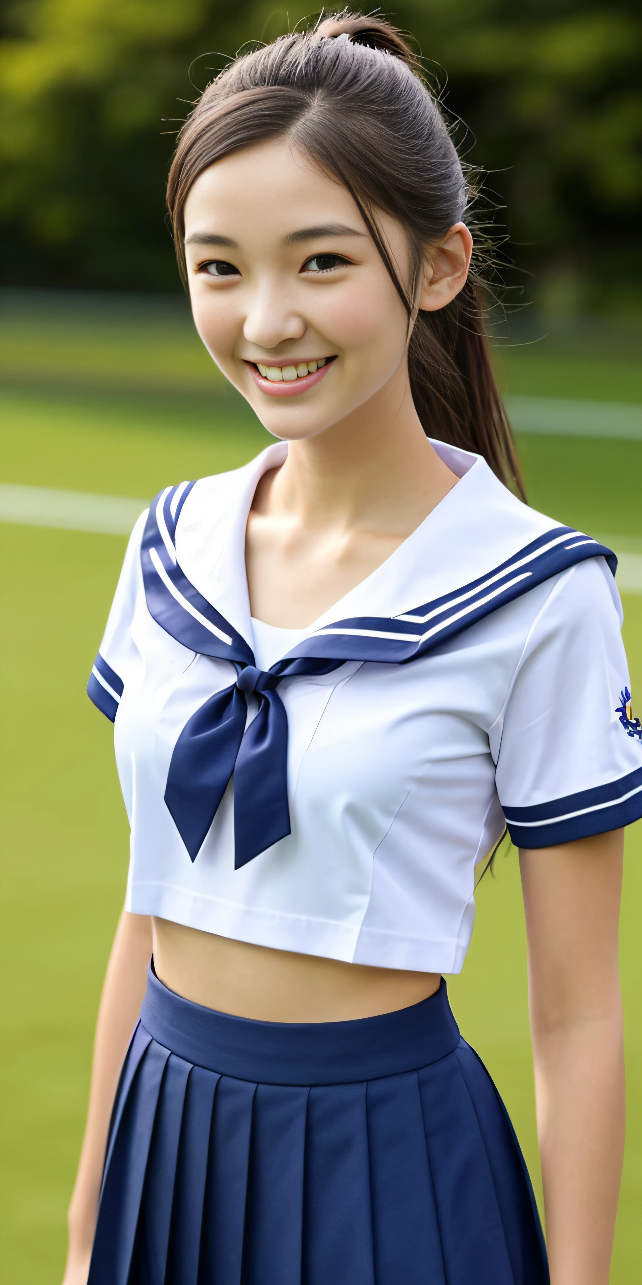 neat college girl, (school uniform, sailor uniform, ribbon tied at chest, summer uniform, upper body white, skirt dark blue, short sleeves), outside the athletic field, (slim), photorealistic, detail, skin texture, ultra detail, delicate and sexy collarbone, smile, super detailed face, detailed lips, detailed eyes, double eyelids, small breasts, small breasts, small, small, flat chest